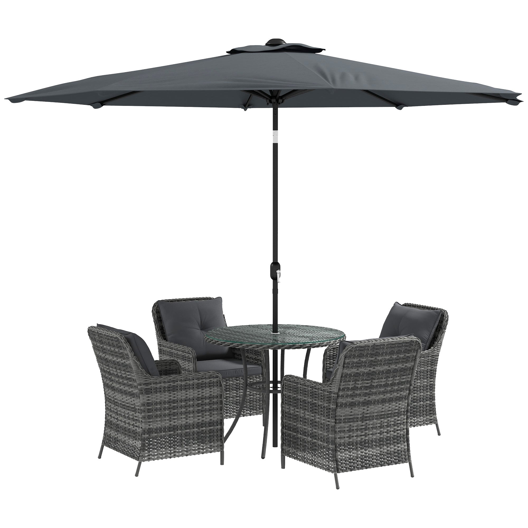 Outsunny 6 Pieces Garden Dining Set, 4 Seater Rattan Dining Set Outdoor with Umbrella, Cushions, Tempered Glass Top Table | Aosom UK