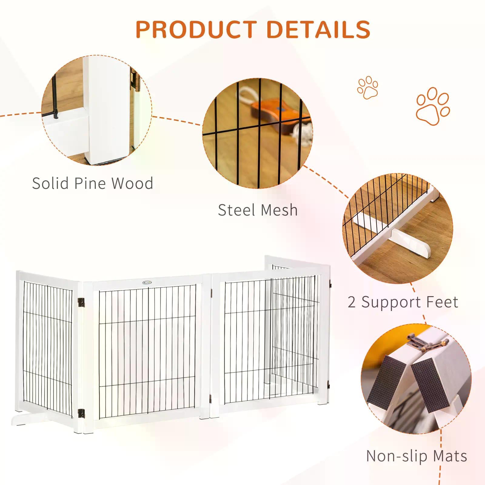 PawHut Freestanding Folding Pet Gate 4 Panels Dog Puppy Barrier with Support Feet