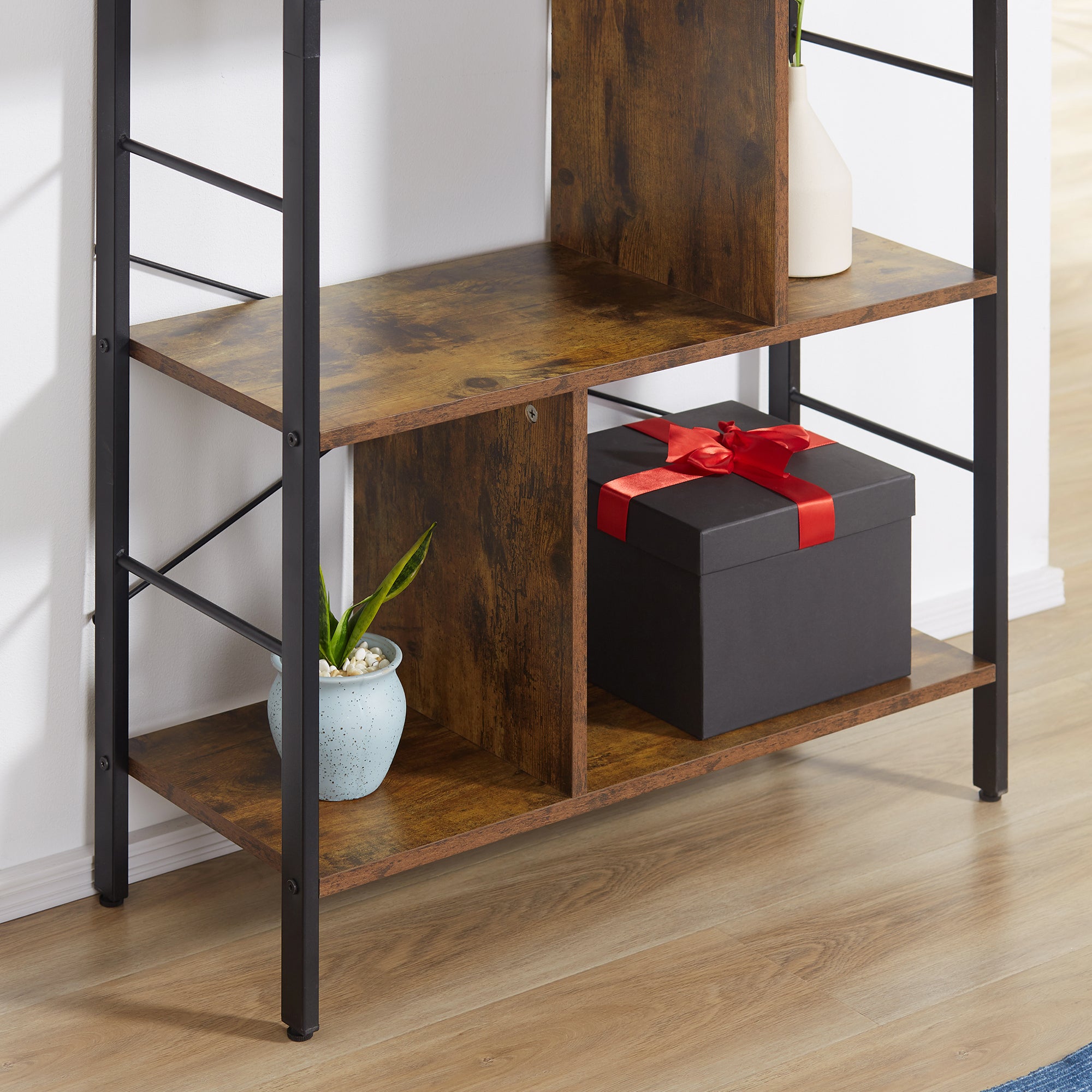 HOMCOM Industrial Storage Shelf Bookcase Closet Floor Standing Display Rack with 5 Tiers, Metal Frame for Living Room & Study, Rustic Brown - North Peak Garden Furniture