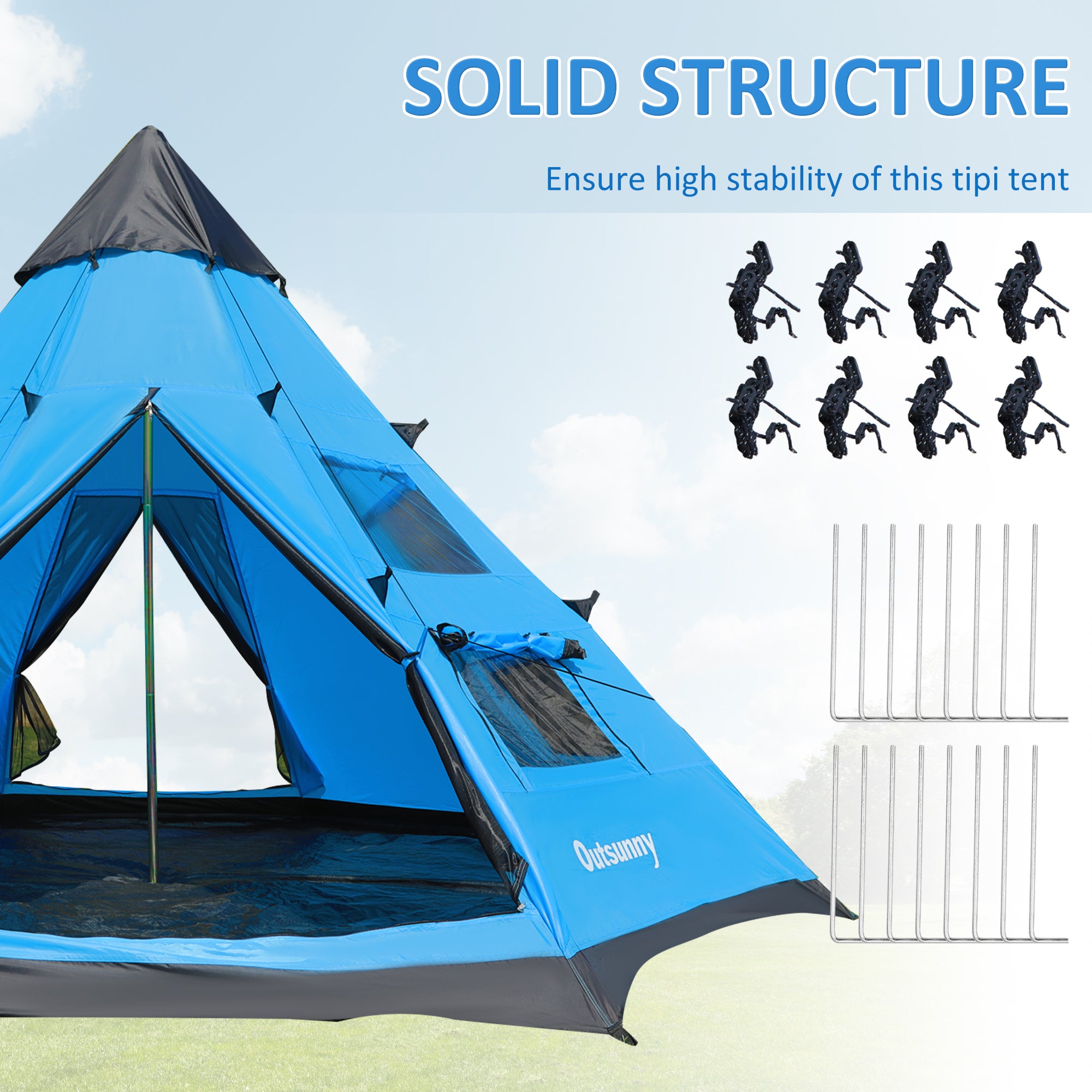 Outsunny 6 Men Tipi Tent, Camping Tent, Teepee Family Tent with Mesh Windows, Sewn-in Tent Floor, Two Doors and Carry Bag, Easy Set Up, for Hiking Picnics Outdoor Night, Blue - North Peak Garden Furniture