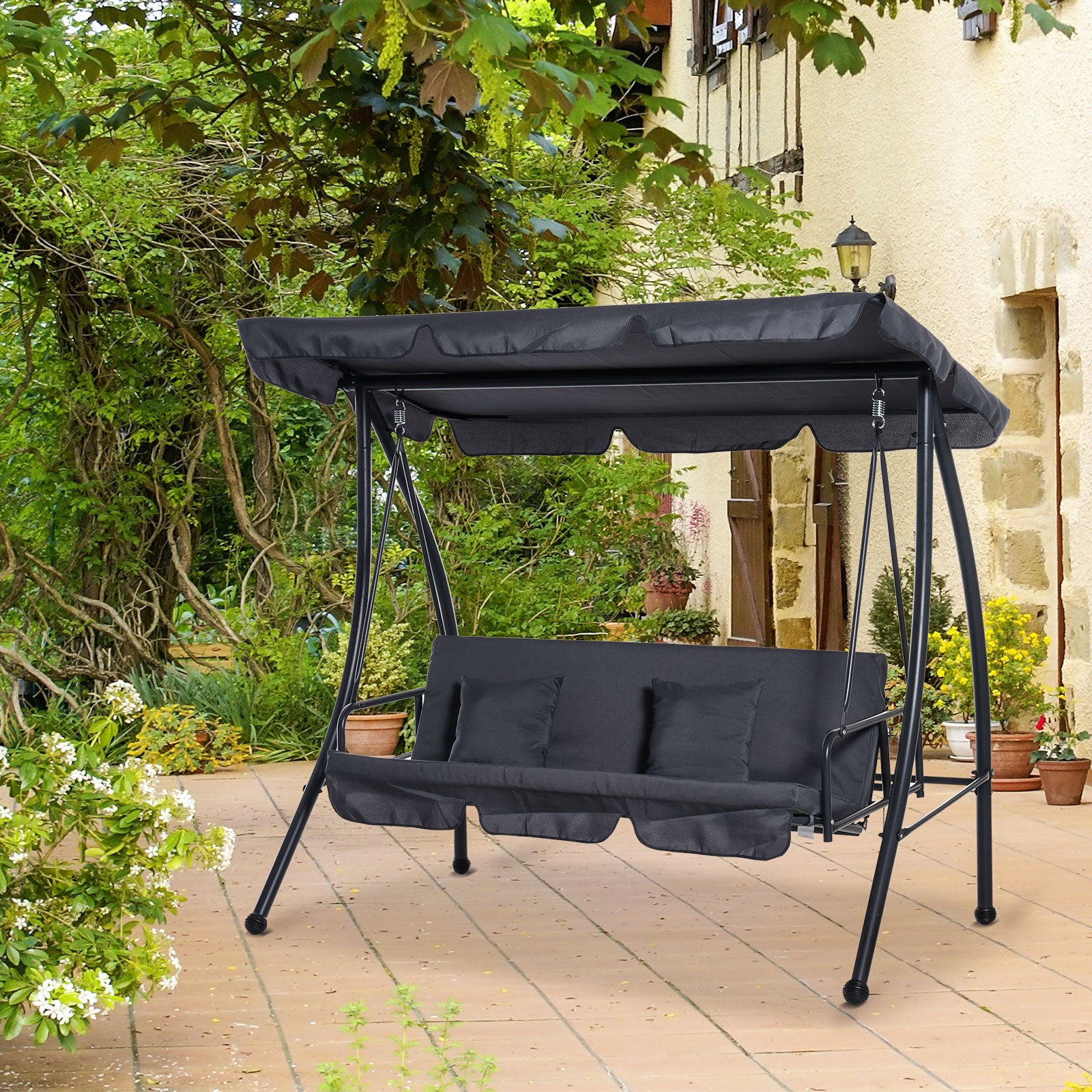 Outsunny Outdoor 2-in-1 Patio Swing Chair Lounger 3 Seater Garden Swing Seat Bed Hammock Bed Convertible Tilt Canopy W/ Cushion, Dark Grey - North Peak Garden Furniture