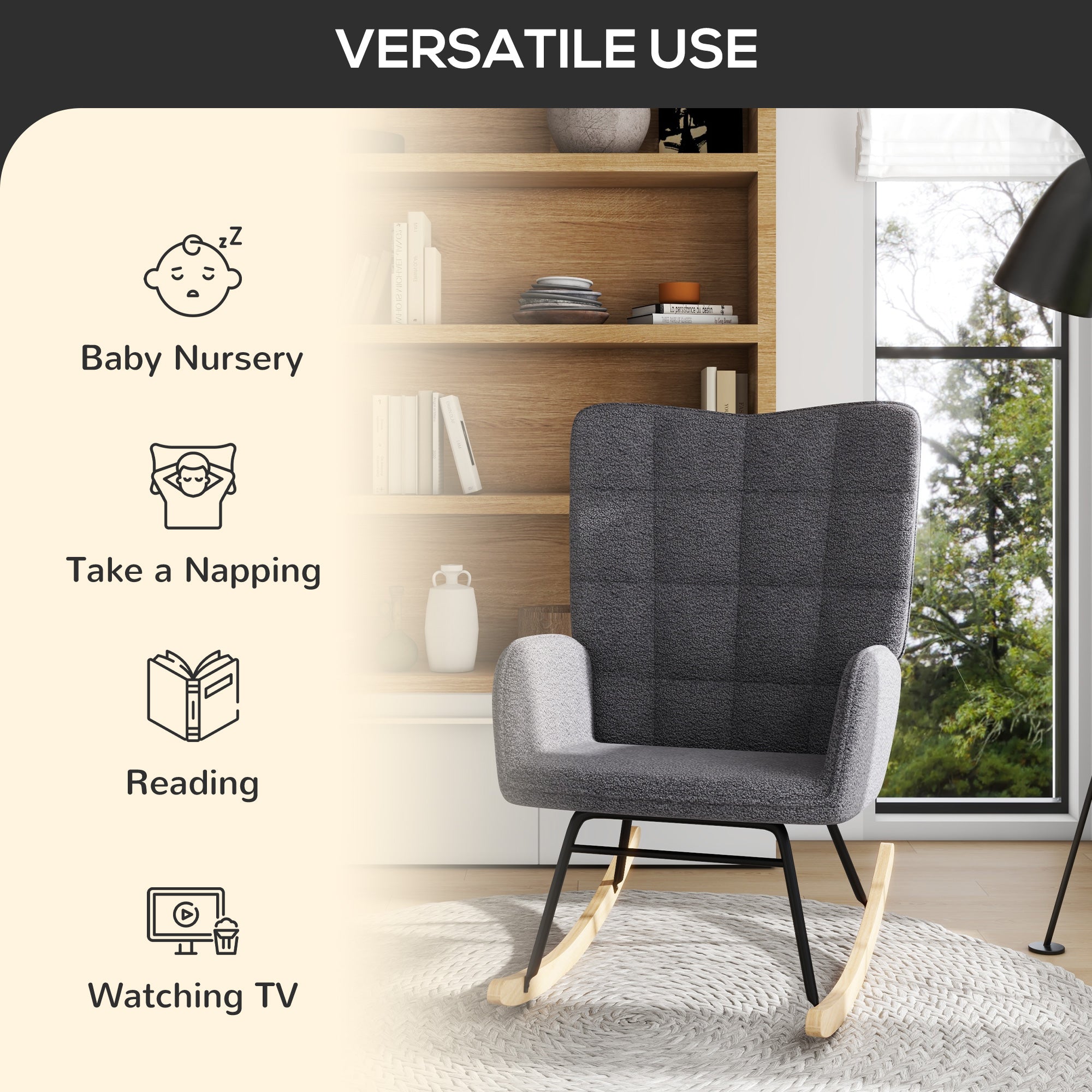 HOMCOM Berber Fleece Nursery Glider Rocker for Nursing, Wingback Rocking Chair for Living Room, Dark Grey - North Peak Garden Furniture