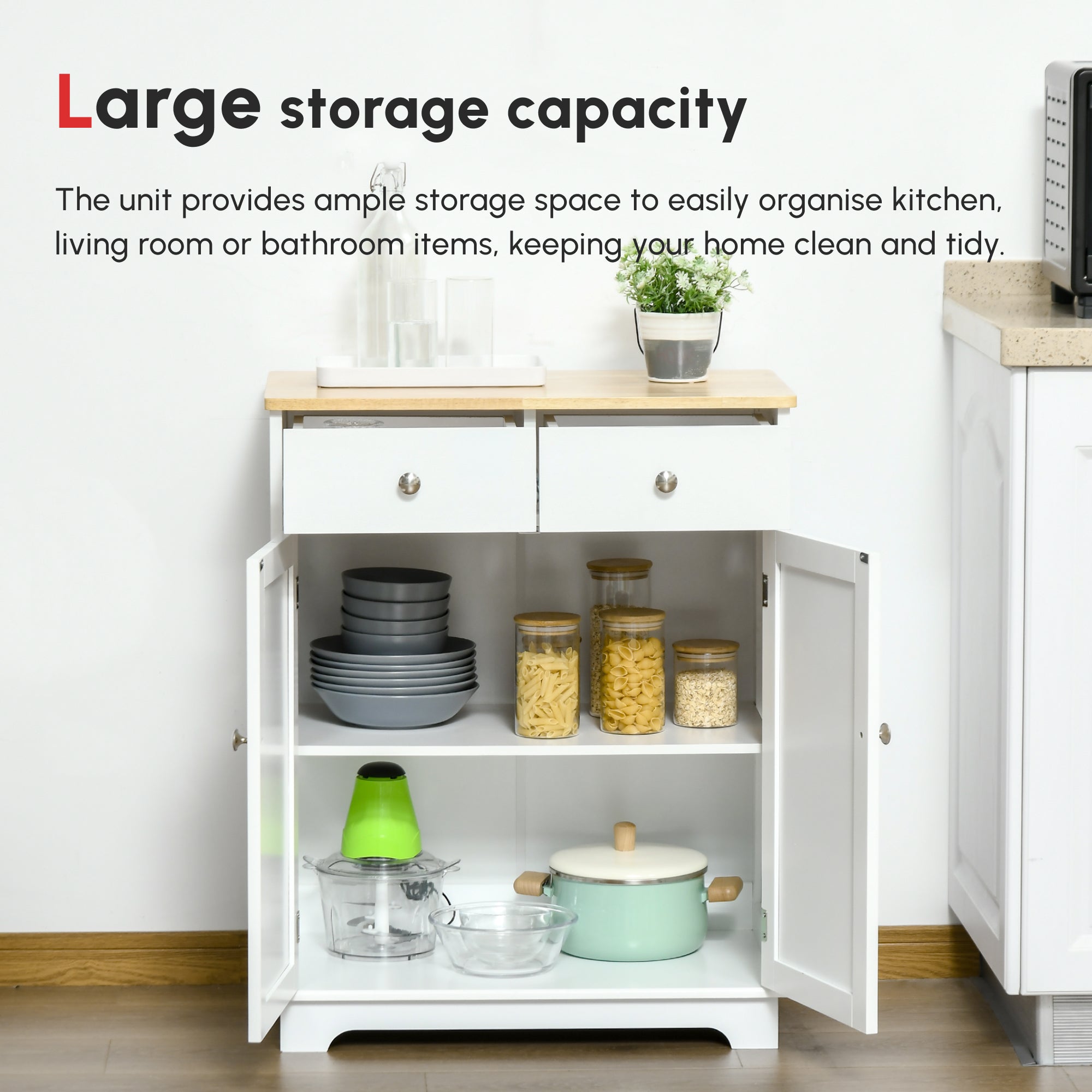 HOMCOM Kitchen Floor Cabinet Side Storage Cupboard Multi-use Sideboard Table with Solid Wood Top, Adjustable Shelf,Drawer for Dining Room, Living Room,Hallway - North Peak Garden Furniture