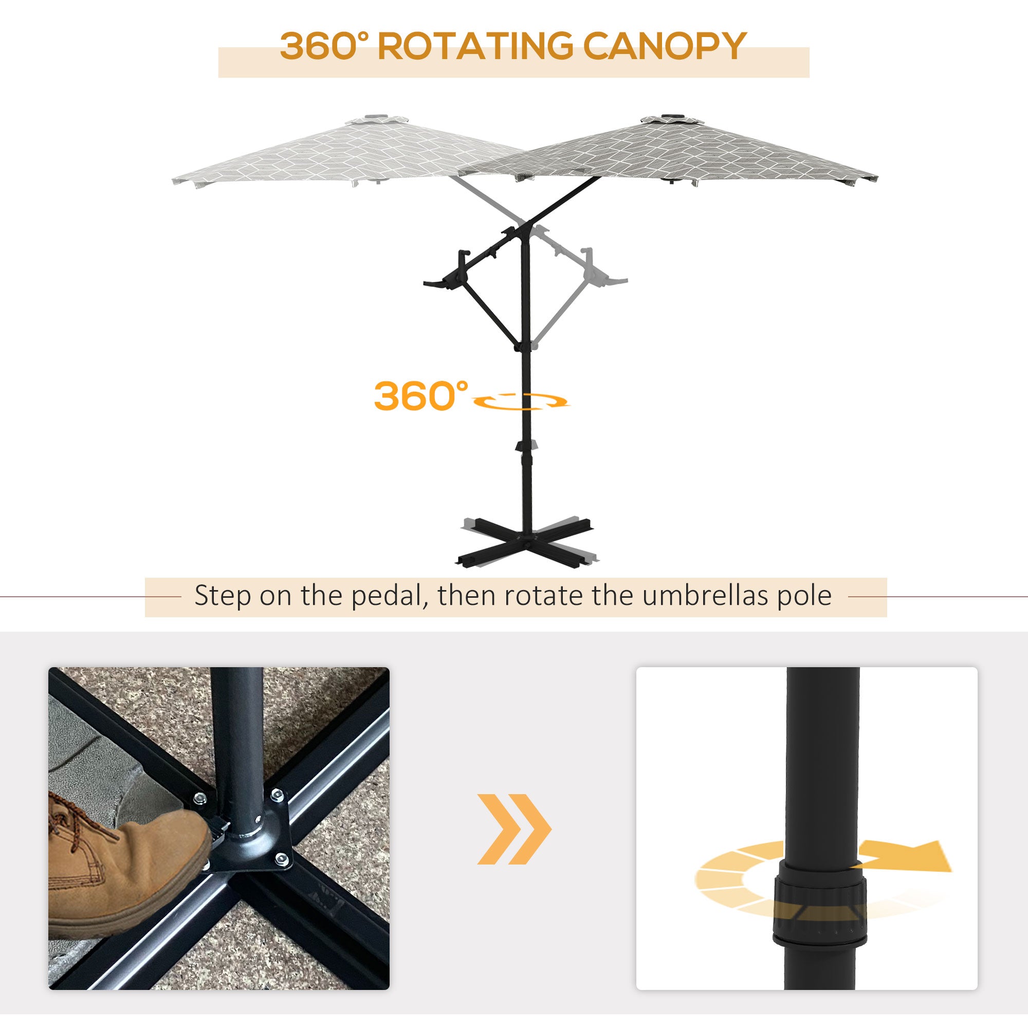 Outsunny 3(m) Convertible Cantilever Parasol and Centre-post Garden Parasol with Cross Base, 360° Rotation Banana Parasol with Crank Handle and 8 Ribs, Hanging Patio Umbrella, Black and White - North Peak Garden Furniture
