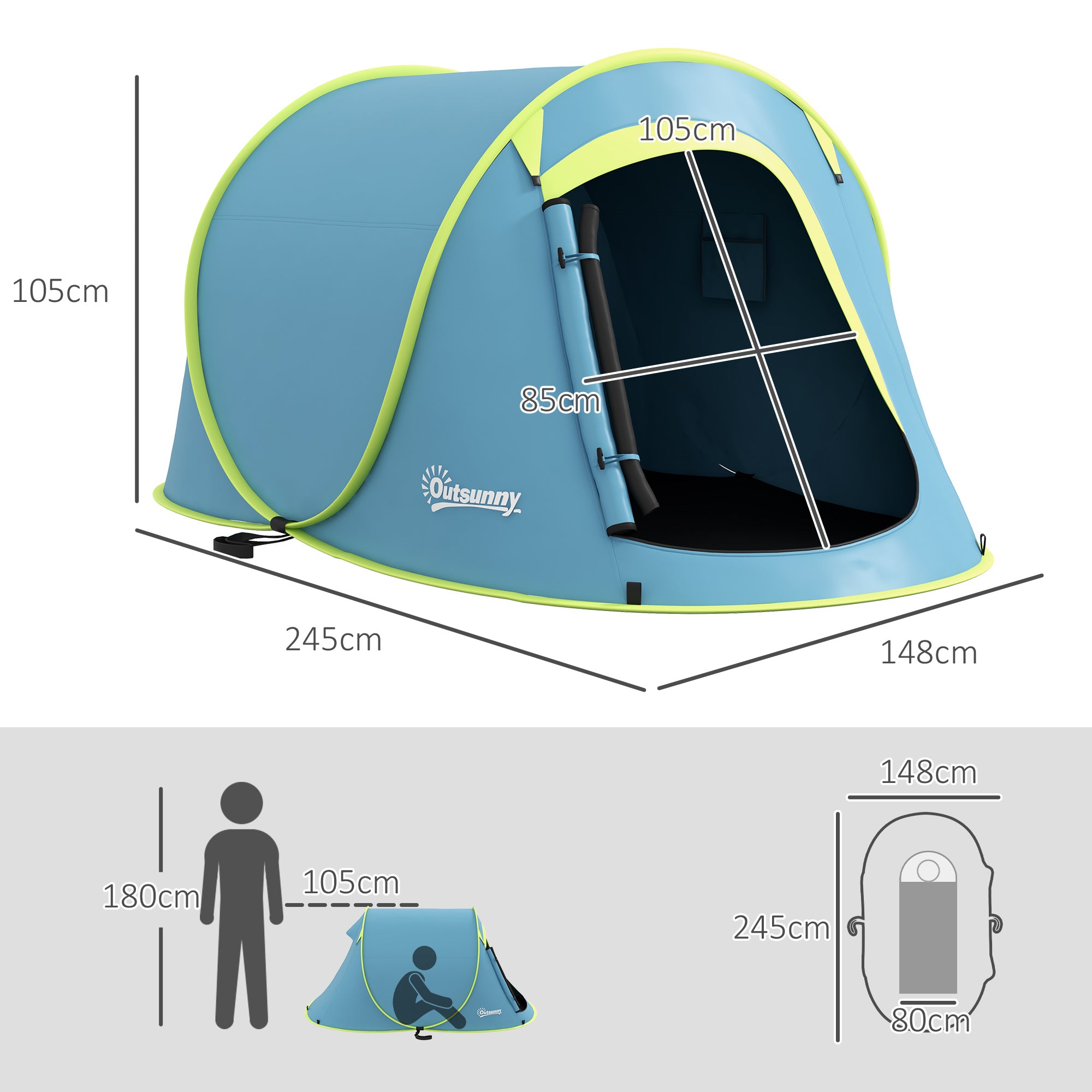 Outsunny Two-Man Pop-Up Dome Tent, with Accessories - Blue