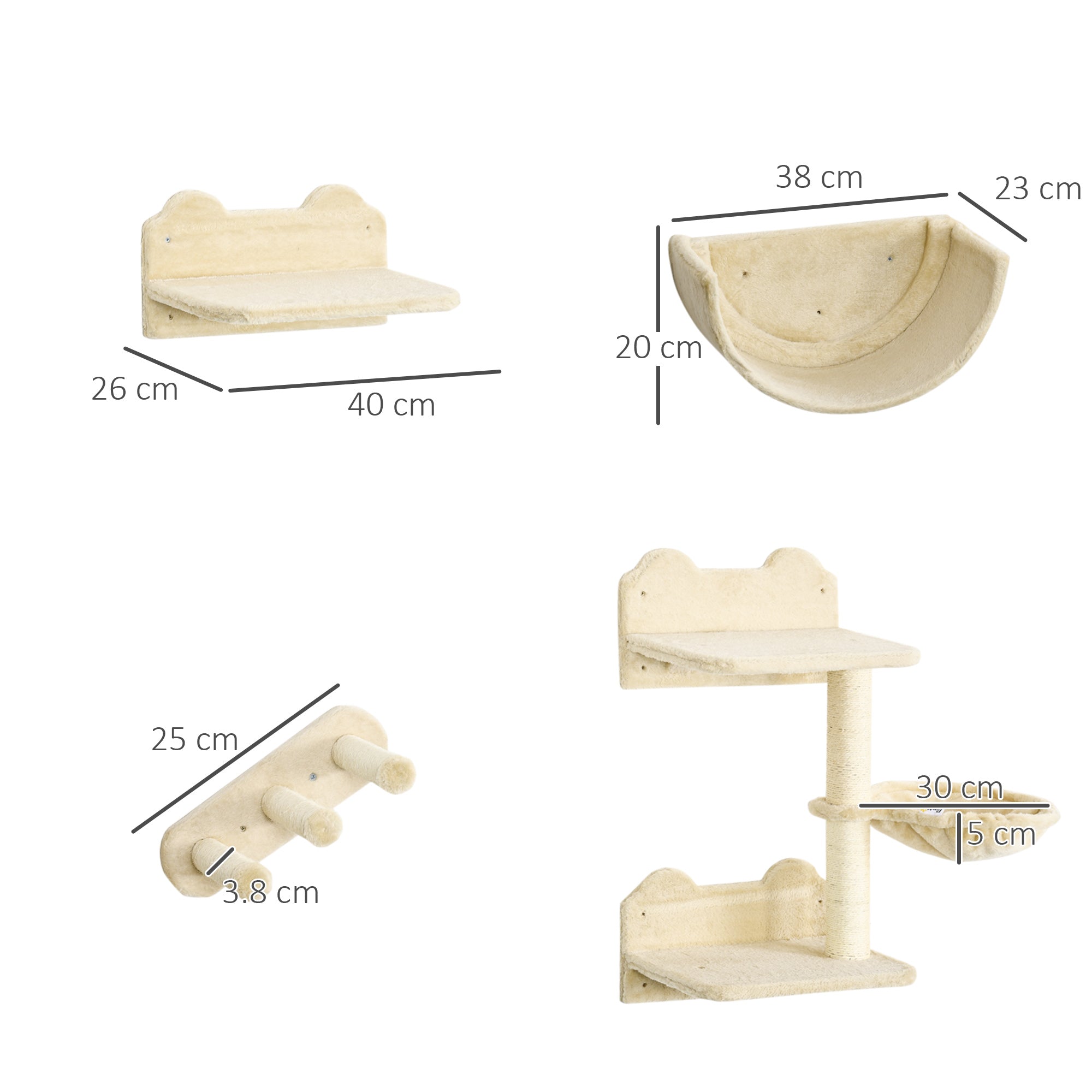 PawHut 4PCs Wall-Mounted Cat Shelves w/ Scratching Post, Hammock, Nest - Beige - North Peak Garden Furniture