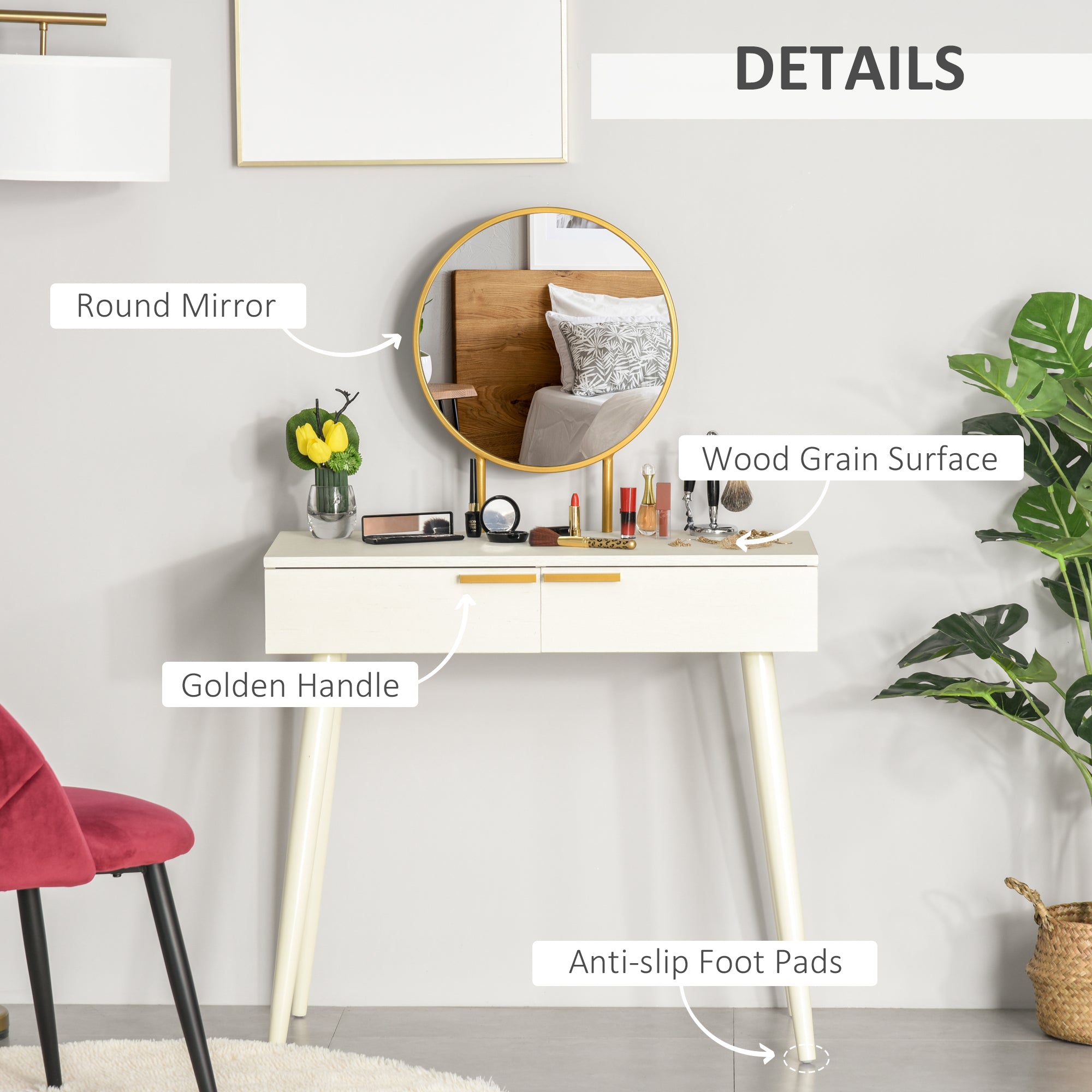HOMCOM Modern Dressing Table with Round Mirror, Makeup Vanity Table with 2 Drawers for Bedroom, Living Room, White - North Peak Garden Furniture
