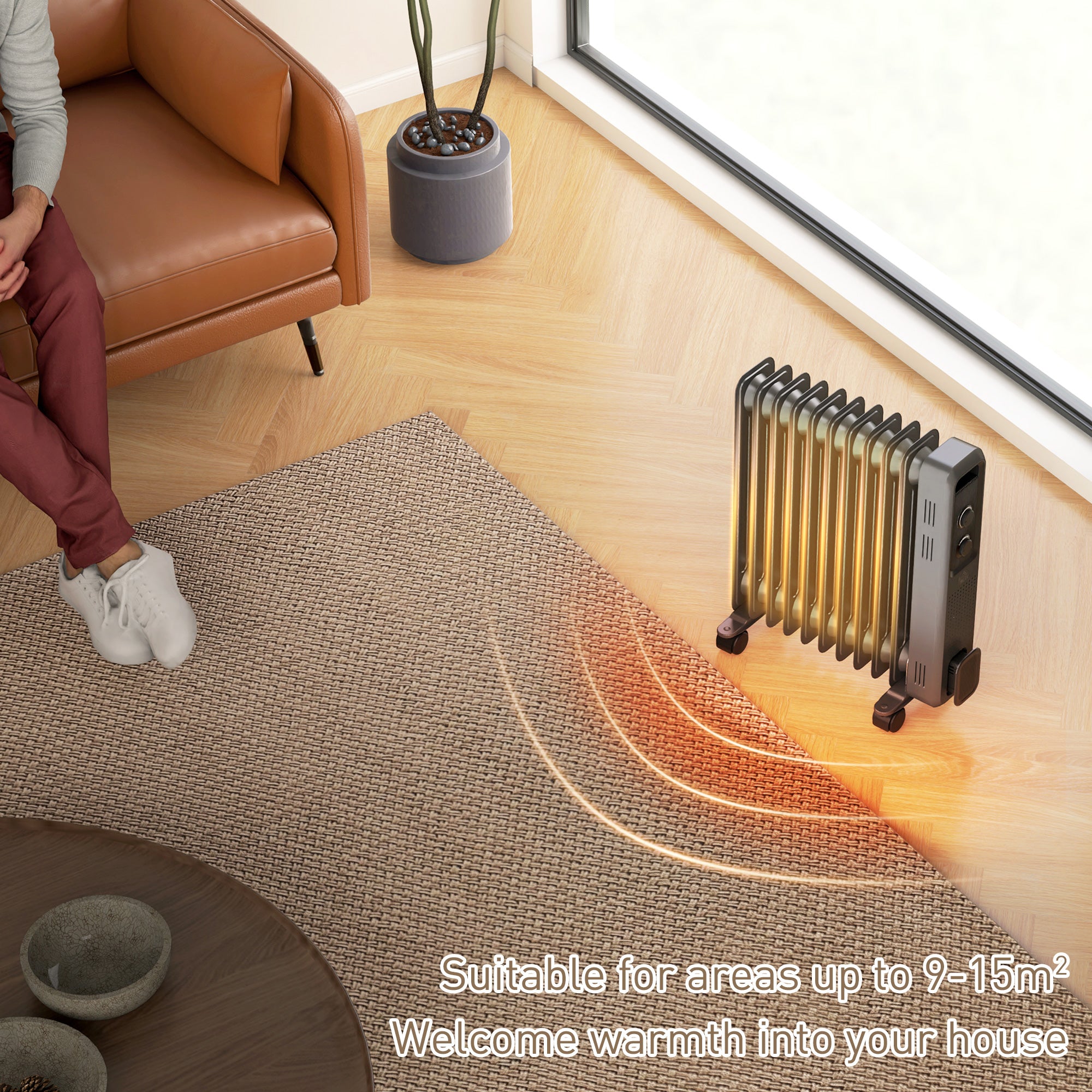 HOMCOM 2500W Oil Filled Radiator, 11 Fin, Portable Electric Heater with 3 Heat Settings, Safety Cut-Off and Wheels, Grey - North Peak Garden Furniture
