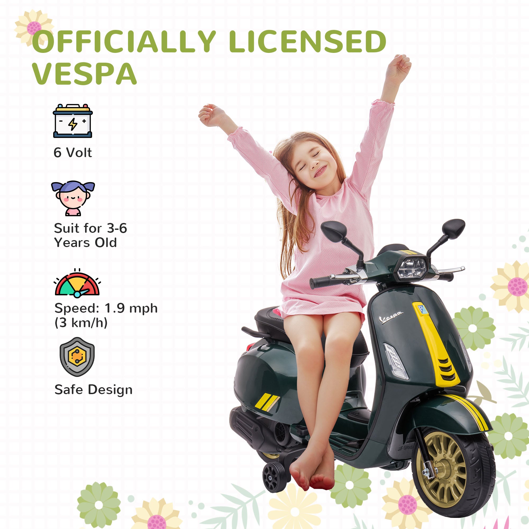 AIYAPLAY 12V Vespa Licensed Kids Electric Motorbike w/ Music, Headlights, FM Radio, for 3-6 Years - Green - North Peak Garden Furniture