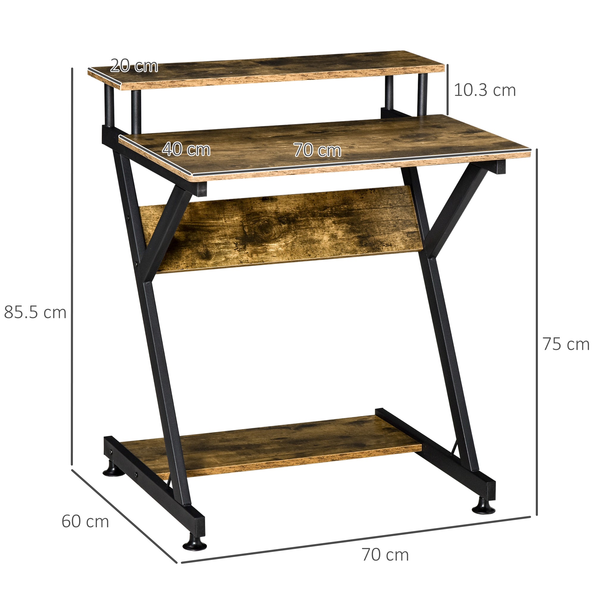 HOMCOM Industrial Computer Desk with Monitor Stand, 70 x 60cm Compact Desk for Small Spaces, Home Office Desk, Rustic Brown - North Peak Garden Furniture