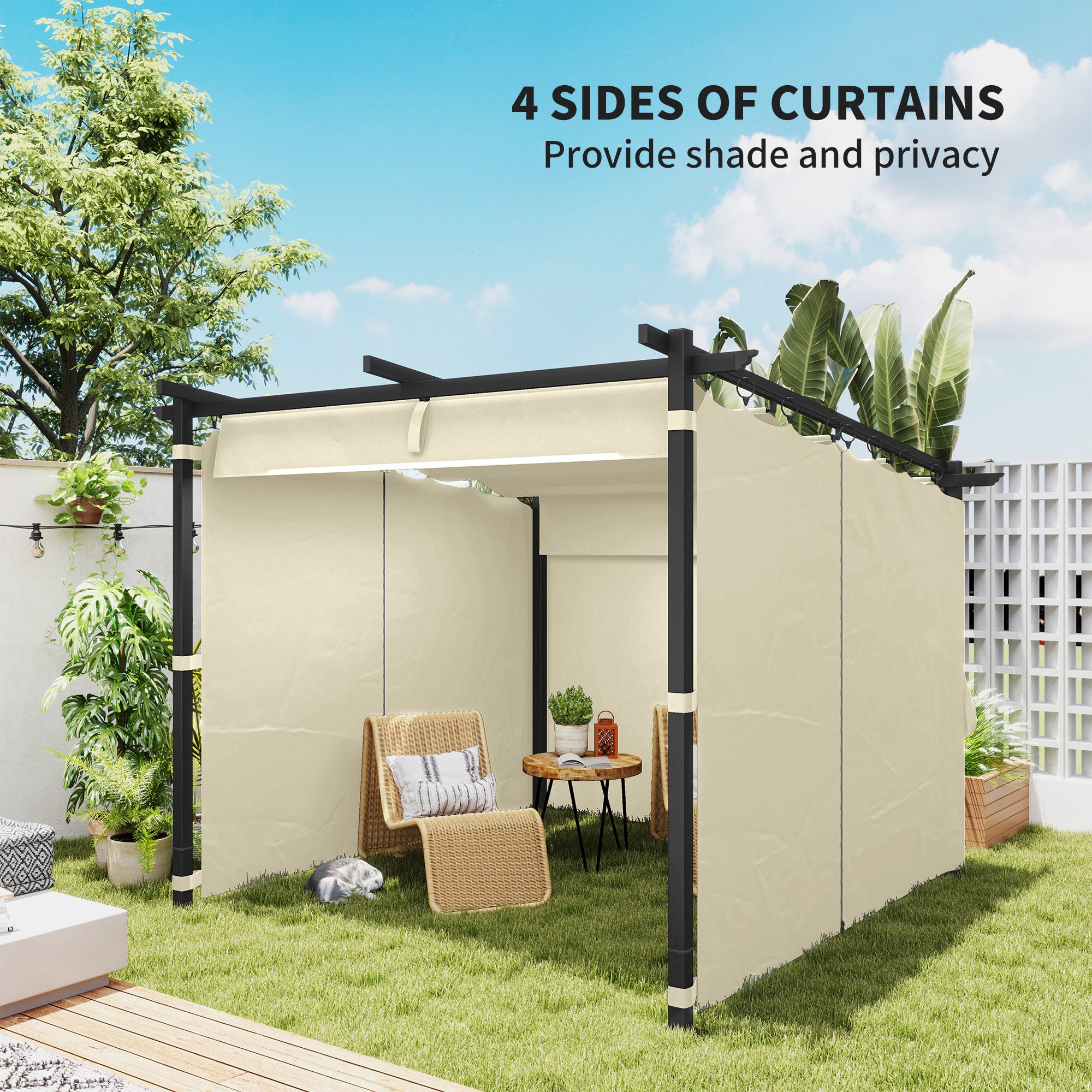 Outsunny 3 x 3 m Retractable Roof Pergola, with Curtains - Beige - North Peak Garden Furniture