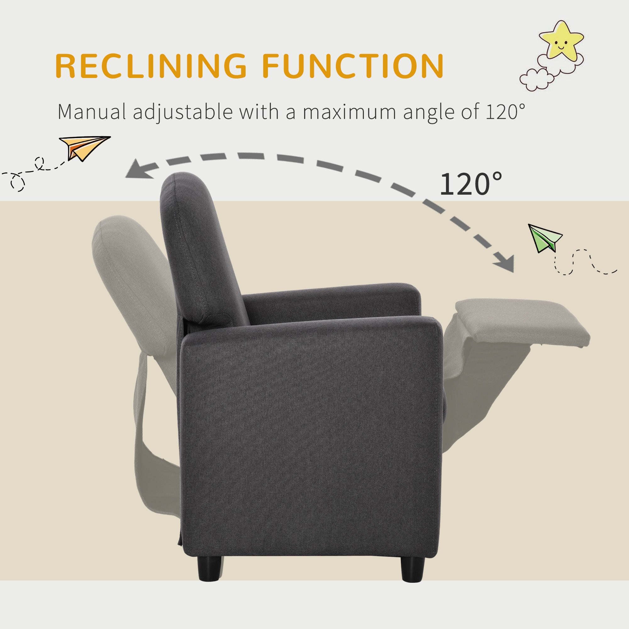 HOMCOM 2 in 1 design Kids Sofa Armchair with Footrest for Children Playroom Bedroom Living Room, 55 x 50 x 67cm, Grey - North Peak Garden Furniture