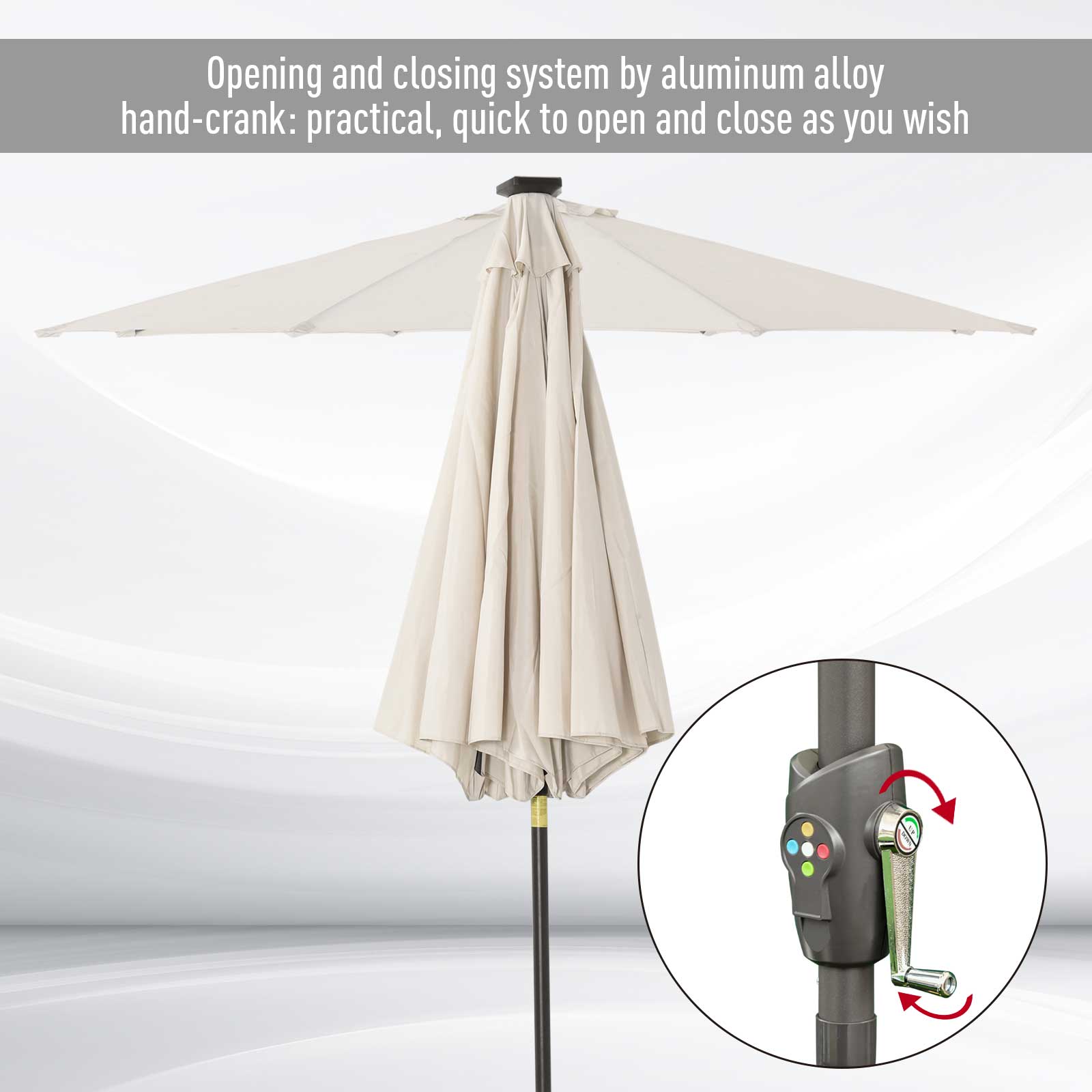 Outsunny Φ2.7m Garden 24 LED Light Parasol Solar Outdoor Tilt Sun Umbrella Patio Club Party Event Manual Sun Shade w/ Hand Crank and 8 Ribs, Off-white - North Peak Garden Furniture