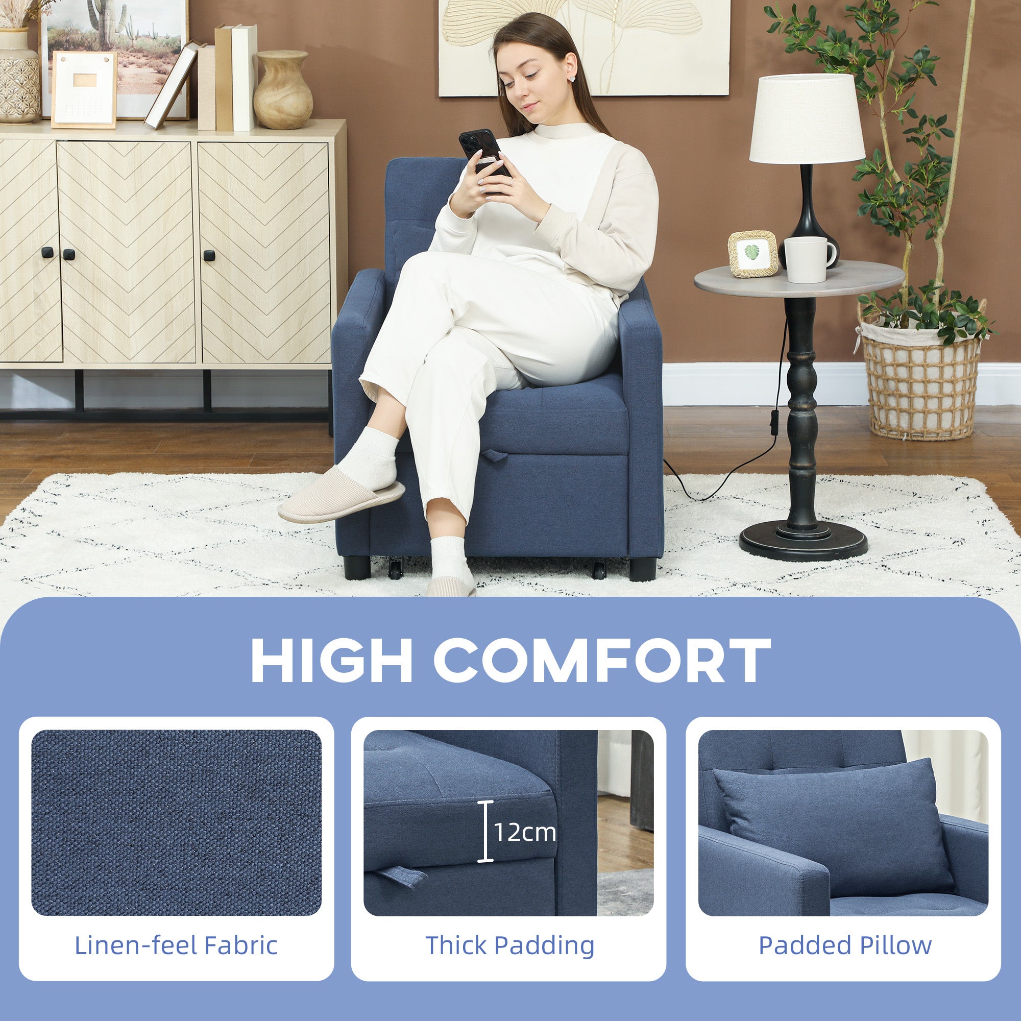 HOMCOM 3-In-1 Chair Bed, Convertible Sleeper Chair with Adjustable Backrest, Pillow and Footrest for Living Room, Blue - North Peak Garden Furniture