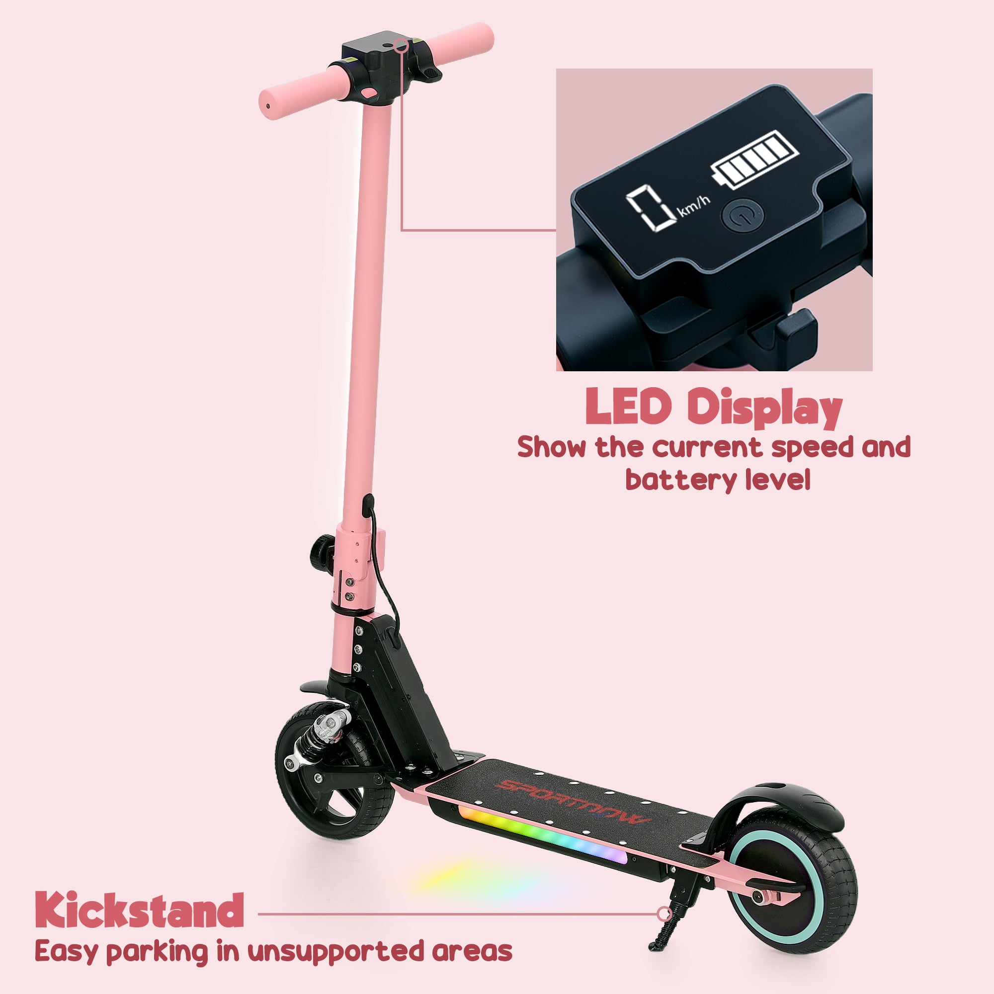 SPORTNOW Folding Electric Scooter for Kids Age 6-14 with Dual Brakes, Front Suspension, LED Colourful Lights and Display, 6.8kg Lightweight Aluminium E Scooter, Up to 14 KM/H & 6 KM, Pink - North Peak Garden Furniture