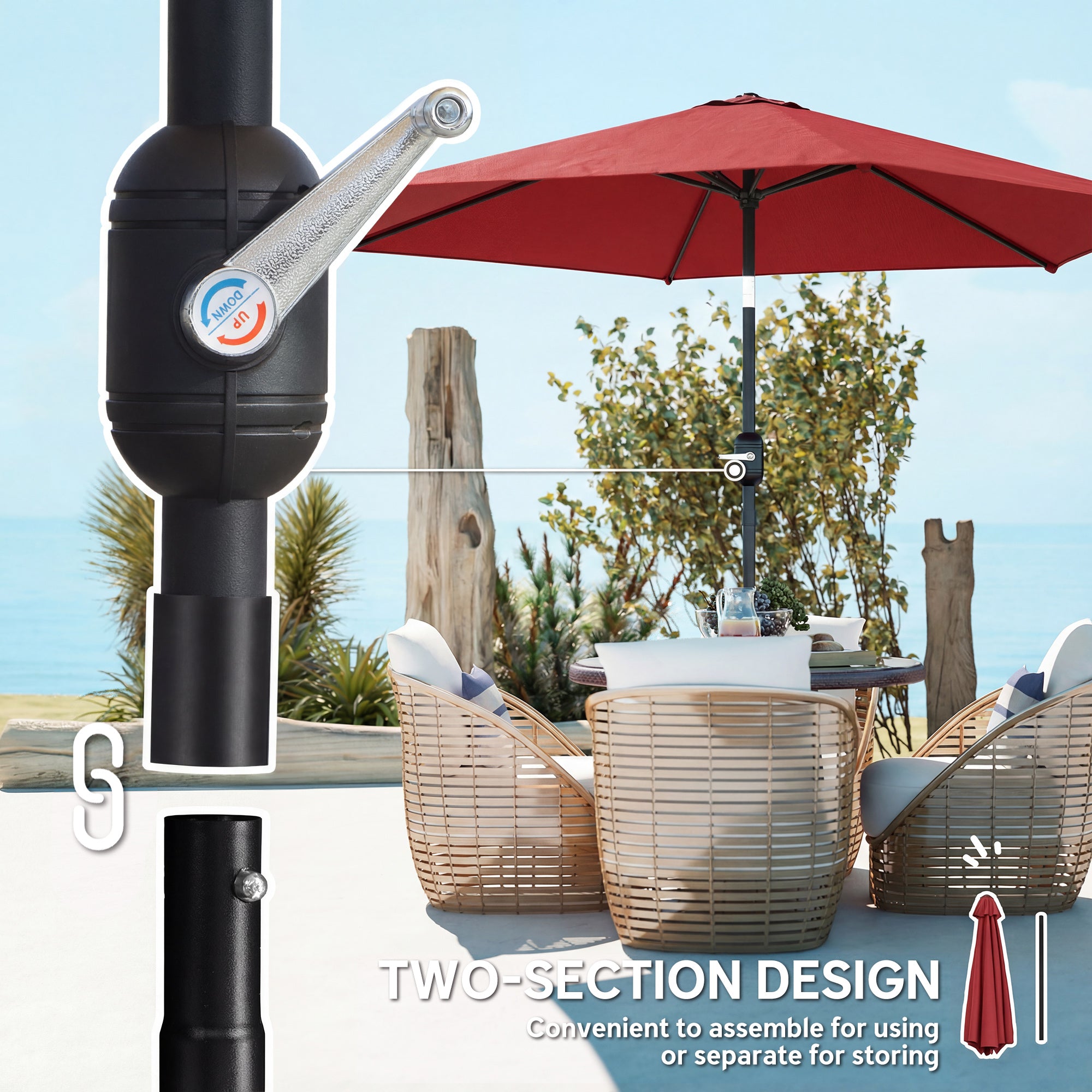 Outsunny 2.6 m Garden Parasol Umbrella with Aluminium Pole, Outdoor Patio Umbrella with Tilt and Crank, Vent, Wine Red