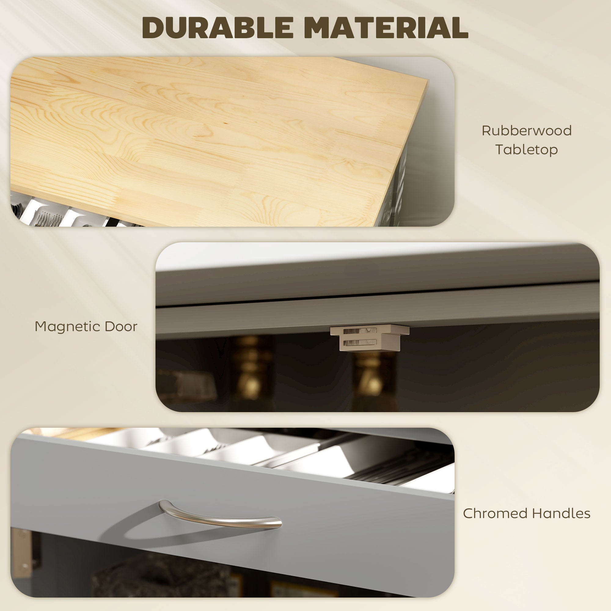 HOMCOM Modern Kitchen Trolley, Rolling Island Storage Cart with Drawer, 9-bottle Wine Rack, Door Cabinets, Wooden Countertop, Grey