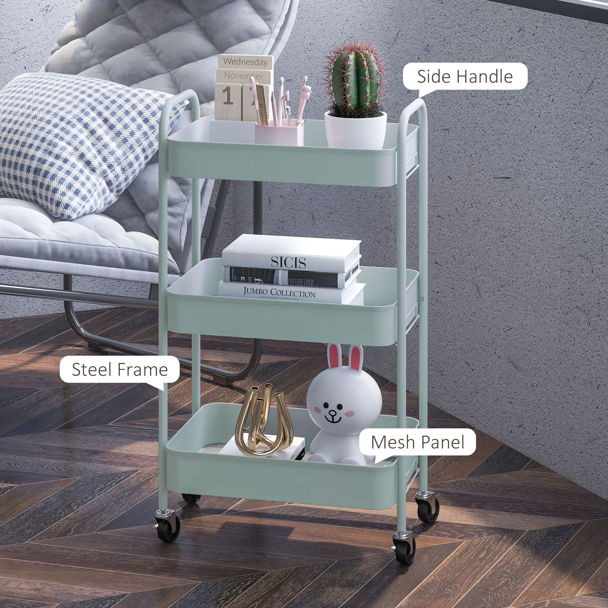 HOMCOM Three-Tier Steel Storage Trolley - Light Blue - North Peak Garden Furniture