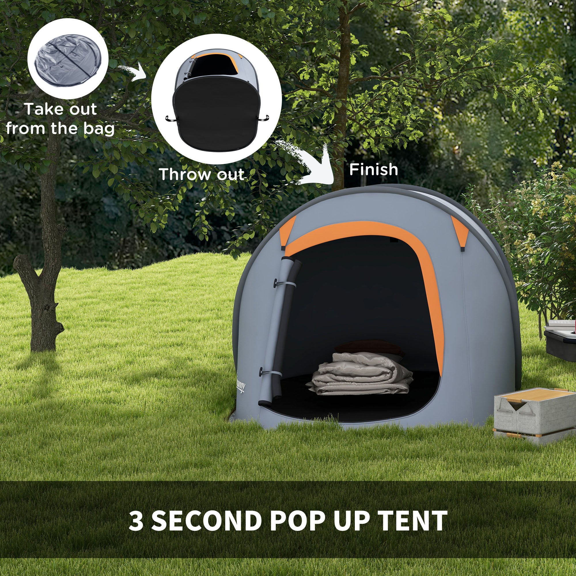 Outsunny 2 Man Pop up Camping Tent, 2000mm Waterproof with Carry Bag for Fishing Hiking Backpacking, Grey and Orange