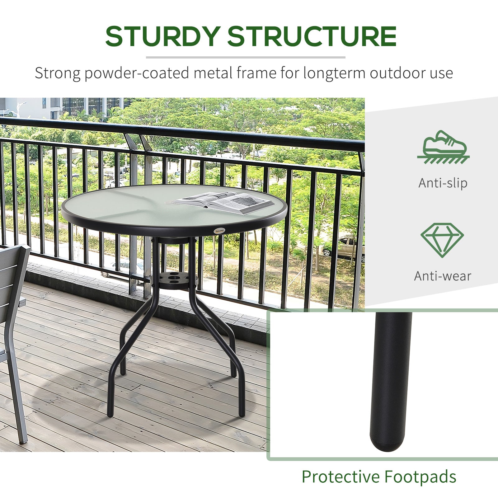 Outsunny Bistro Table Outdoor Round Dining Coffee Table with Parasol Hole, Tempered Glass Top Side Table Patio Garden - 80cm Diameter - North Peak Garden Furniture