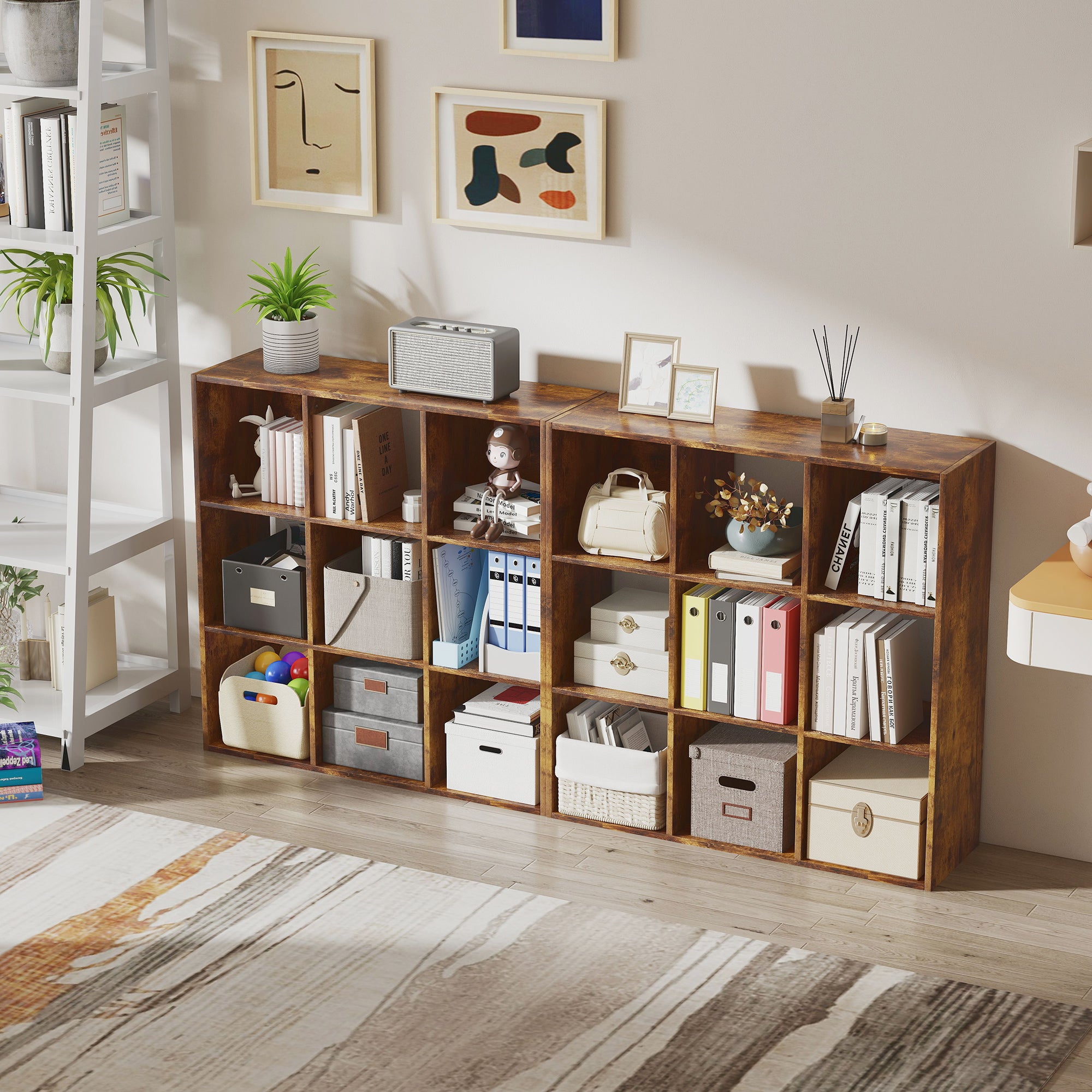 HOMCOM 3-tier 9 Cubes Storage Unit Particle Board Cupboard Bookcase Organiser Home Office Shelves, Rustic Brown