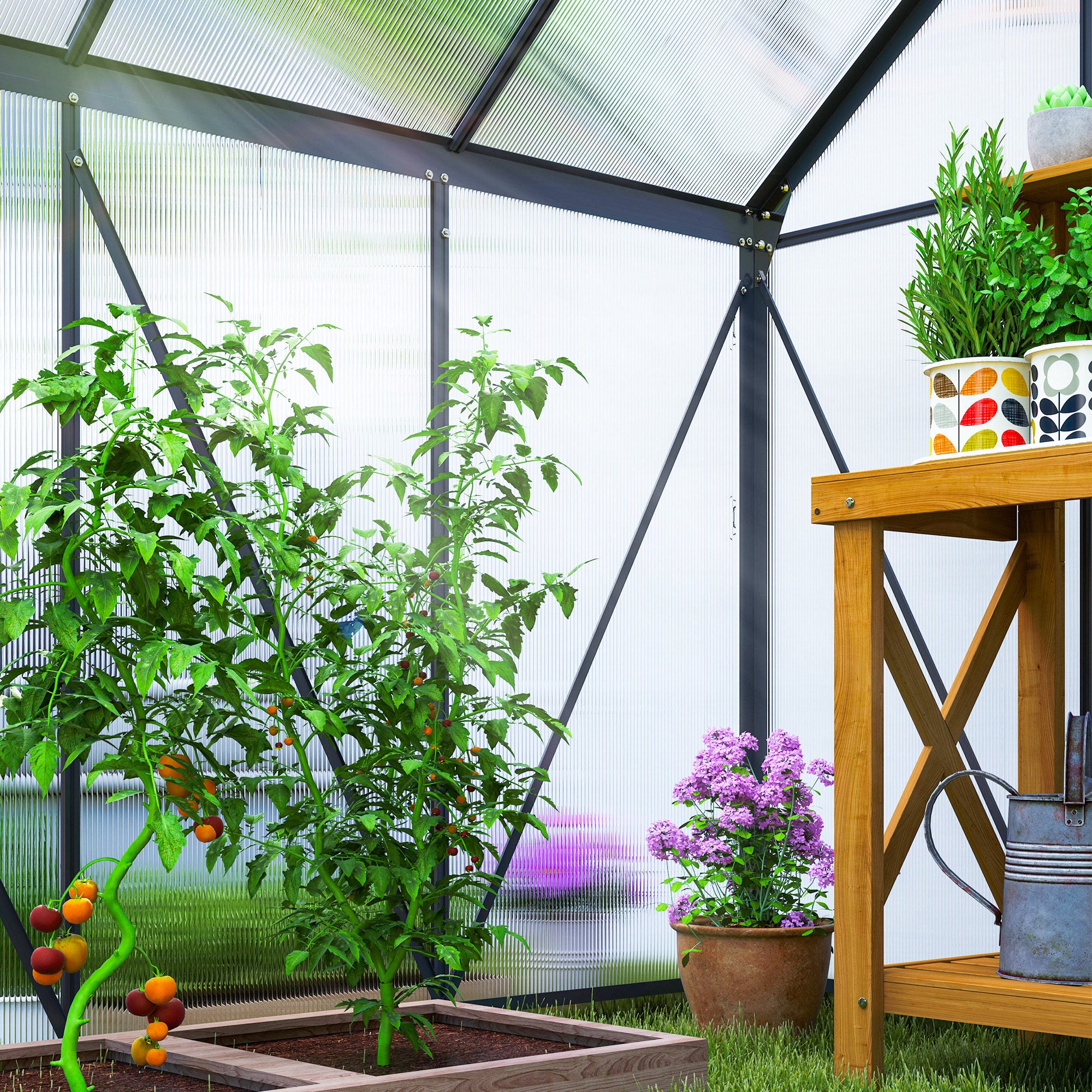 Outsunny 190 x 190cm Walk-In Polycarbonate Greenhouse - Grey - North Peak Garden Furniture