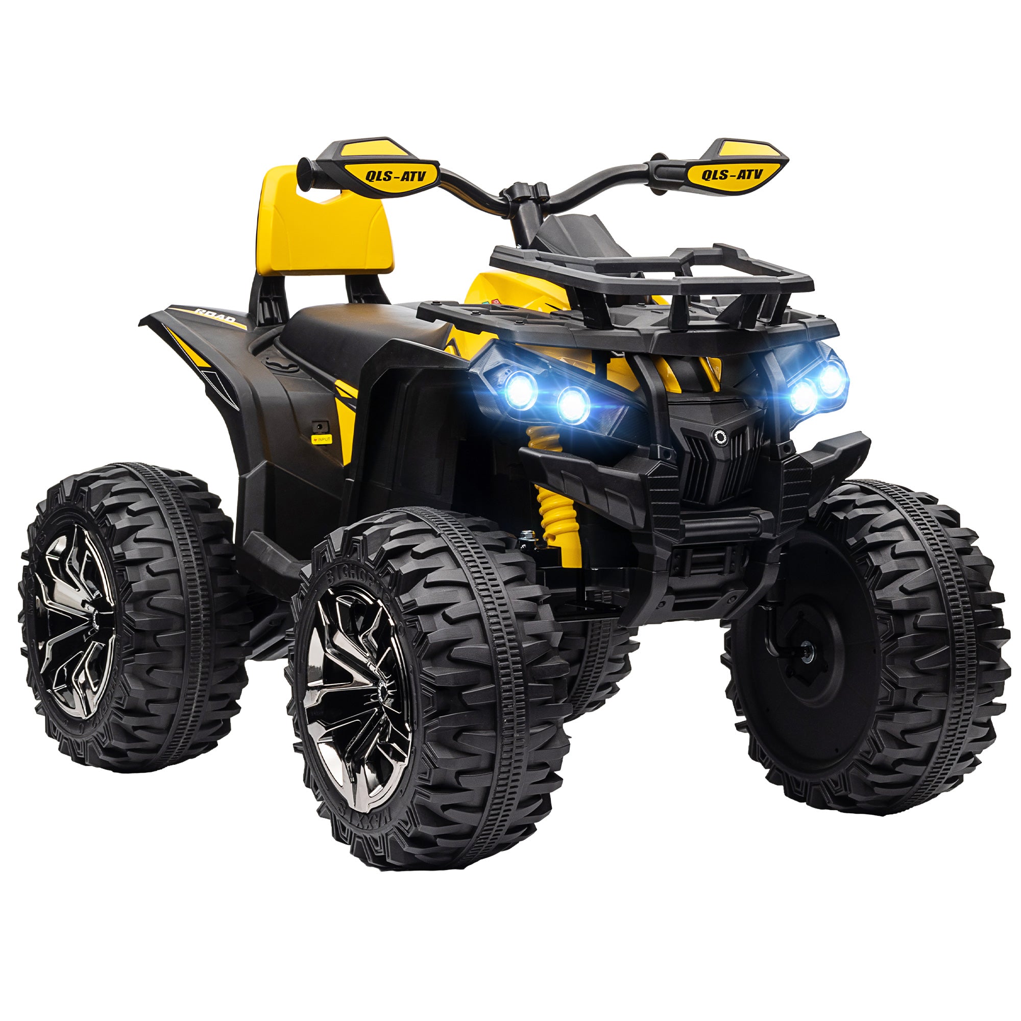 HOMCOM 12V Quad Bike ATV with LED Lights, Music, Backrest, Forward, Backward, Yellow - North Peak Garden Furniture