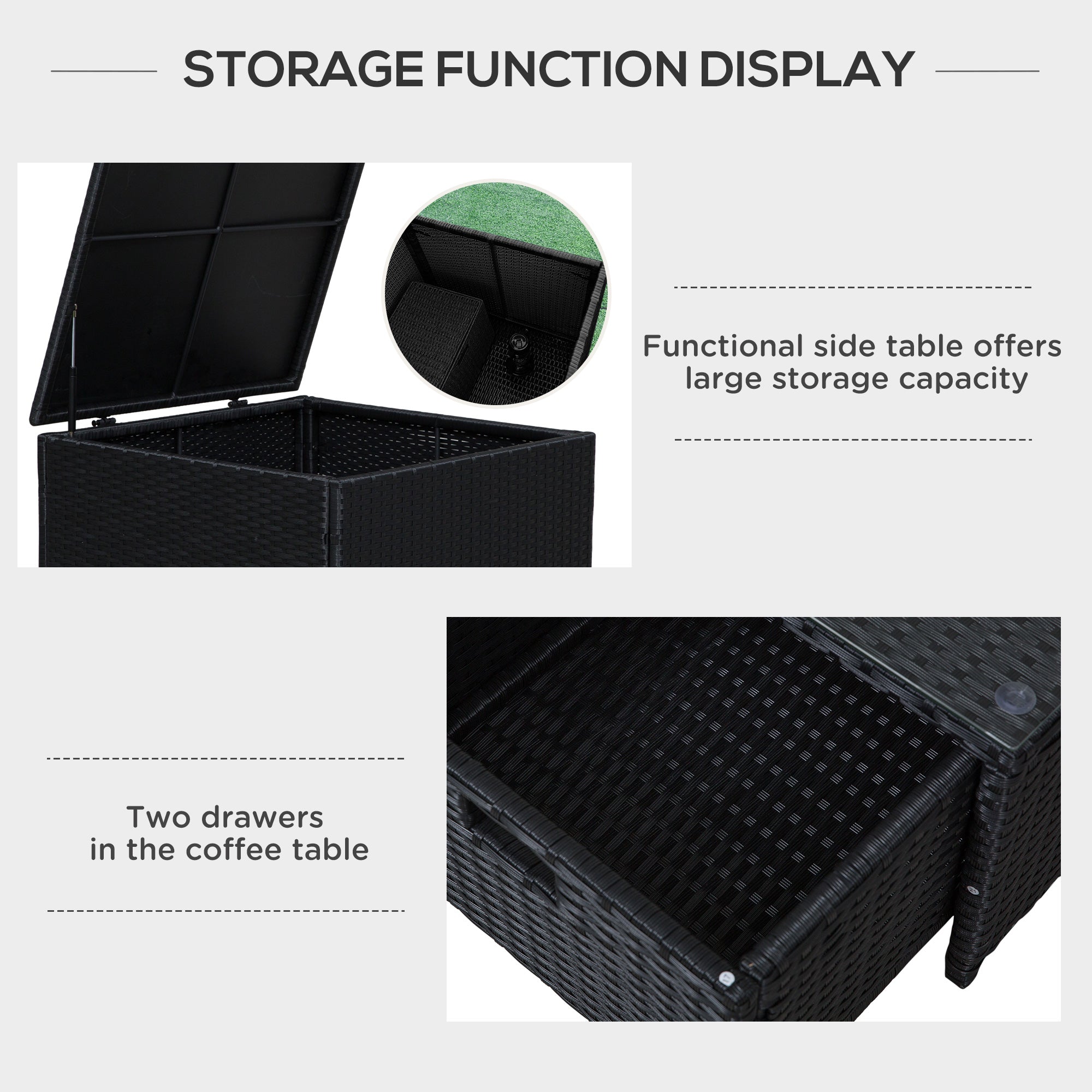 Outsunny 4 Pcs Rattan Wicker Garden Furniture Patio Sofa Storage & Table Set w/ 2 Drawers Coffee Table,Great Cushioned 4 Seats Corner Sofa - Black - North Peak Garden Furniture