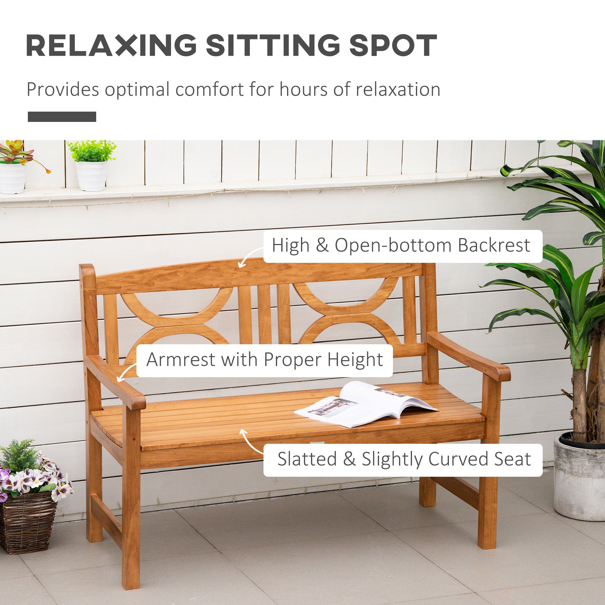 Outsunny 2-Seater Wooden Garden Bench Outdoor Patio Loveseat for Yard, Lawn, Porch, Natural - North Peak Garden Furniture