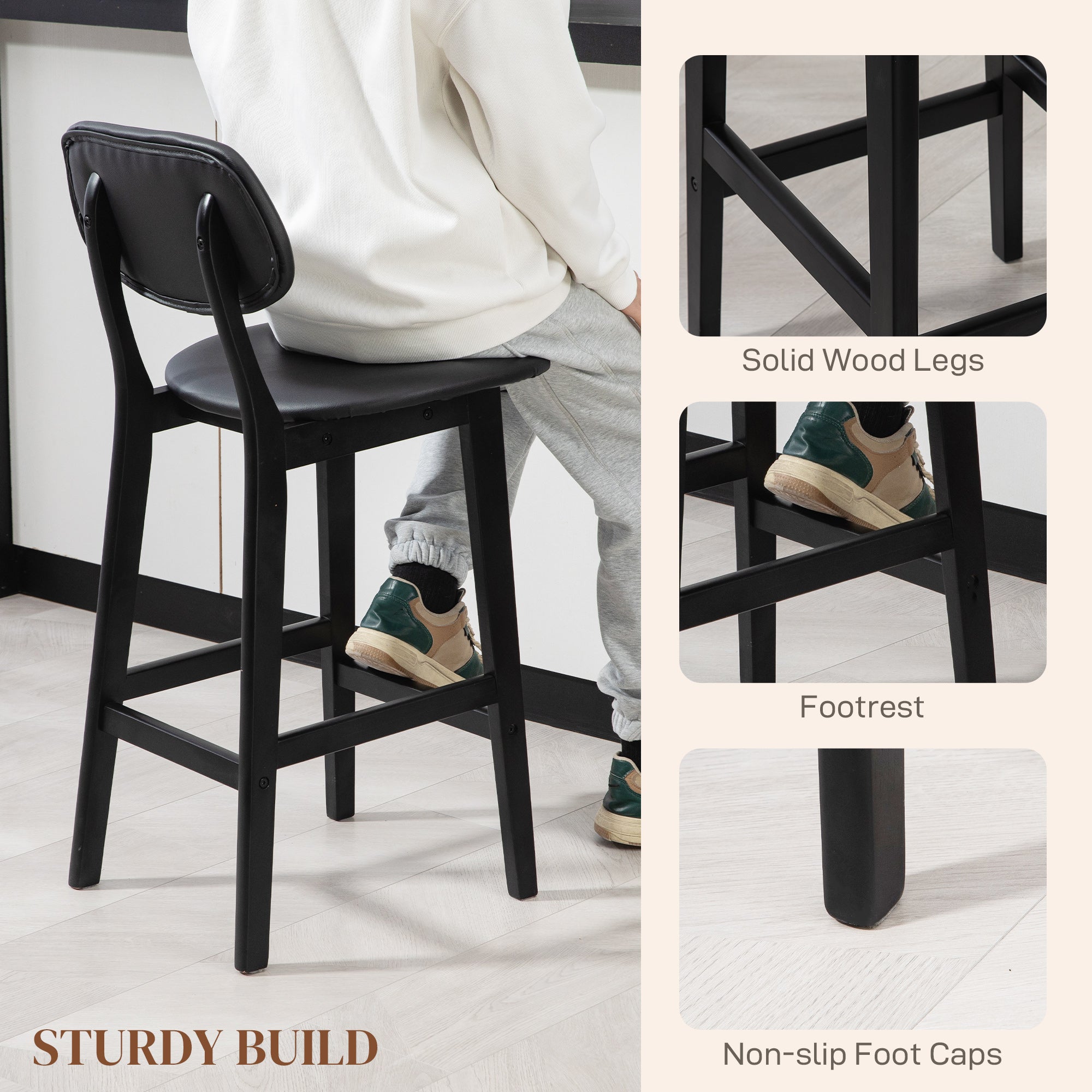HOMCOM Set of Two Wooden Classic Bar Stools, with Faux Leather Seats - Black - North Peak Garden Furniture