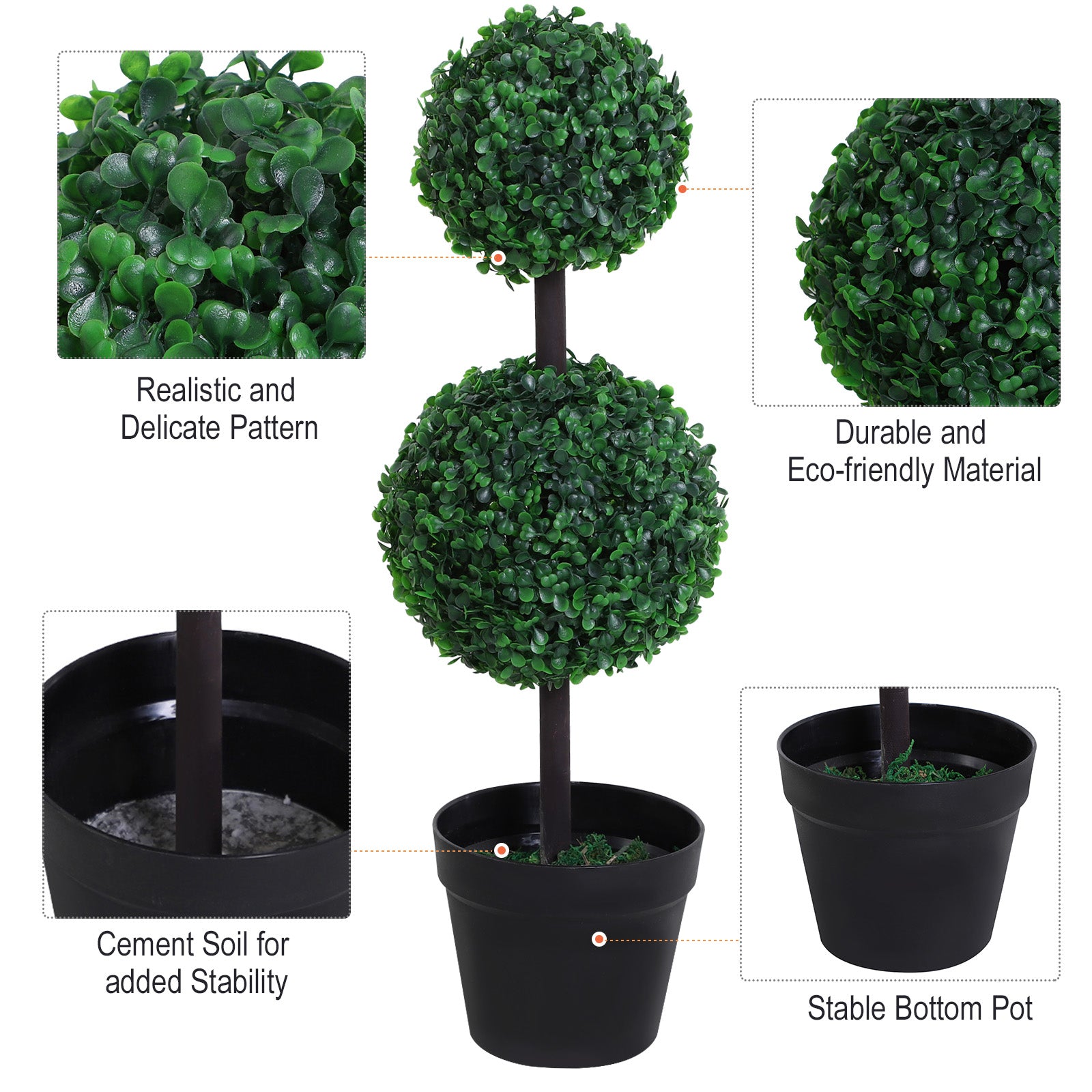 Outsunny Set of 2 Artificial Boxwood Ball Topiary Trees Potted Decorative Plant Outdoor and Indoor Décor (67cm) - North Peak Garden Furniture
