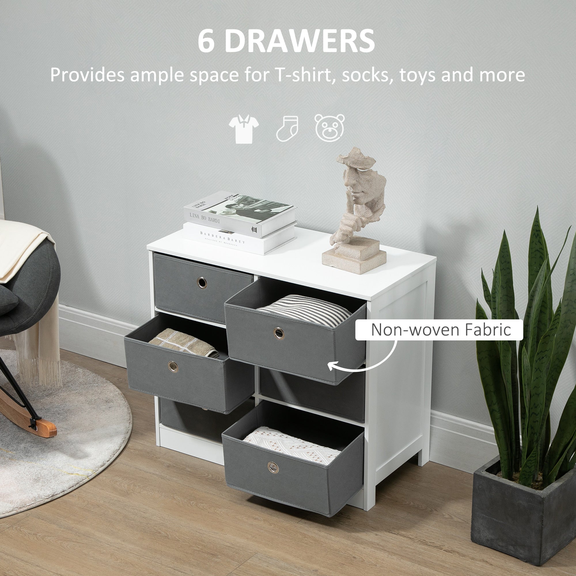 HOMCOM Chests of Drawer, Fabric Dresser Storage Cabinet with 6 Drawers for Bedroom, Living Room and Hallway, White and Grey - North Peak Garden Furniture