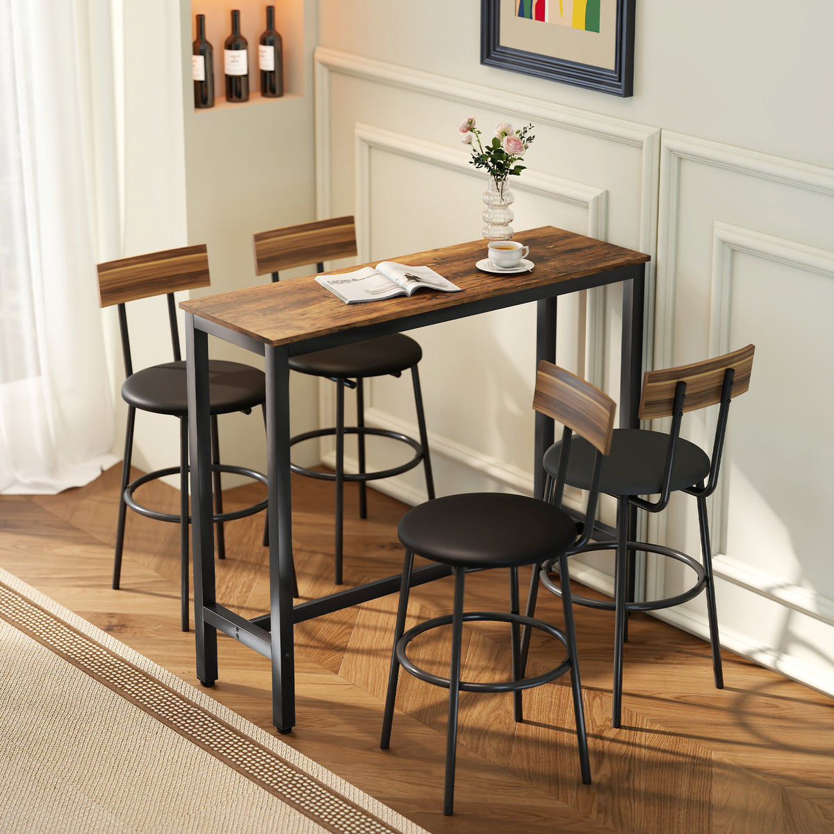 HOMCOM Rectangular Bar Table, Wood Effect Pub Coffee Table for Small Space, Breakfast Dining, Kitchen, Industrial, Rustic Brown