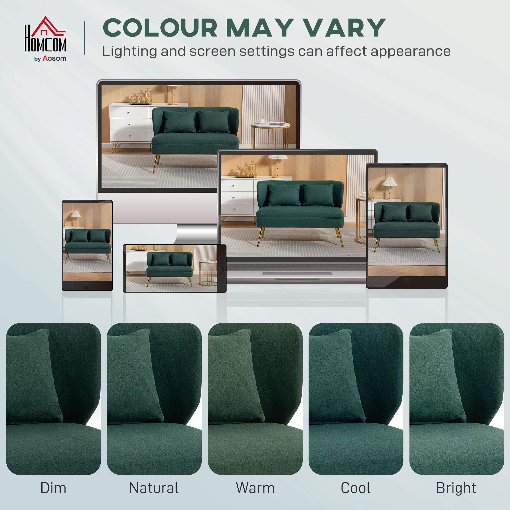 HOMCOM 2 Seater Sofa, Linen-look Fabric Small Sofa with Wing Back, Thick Seat, Metal Legs, Dark Green