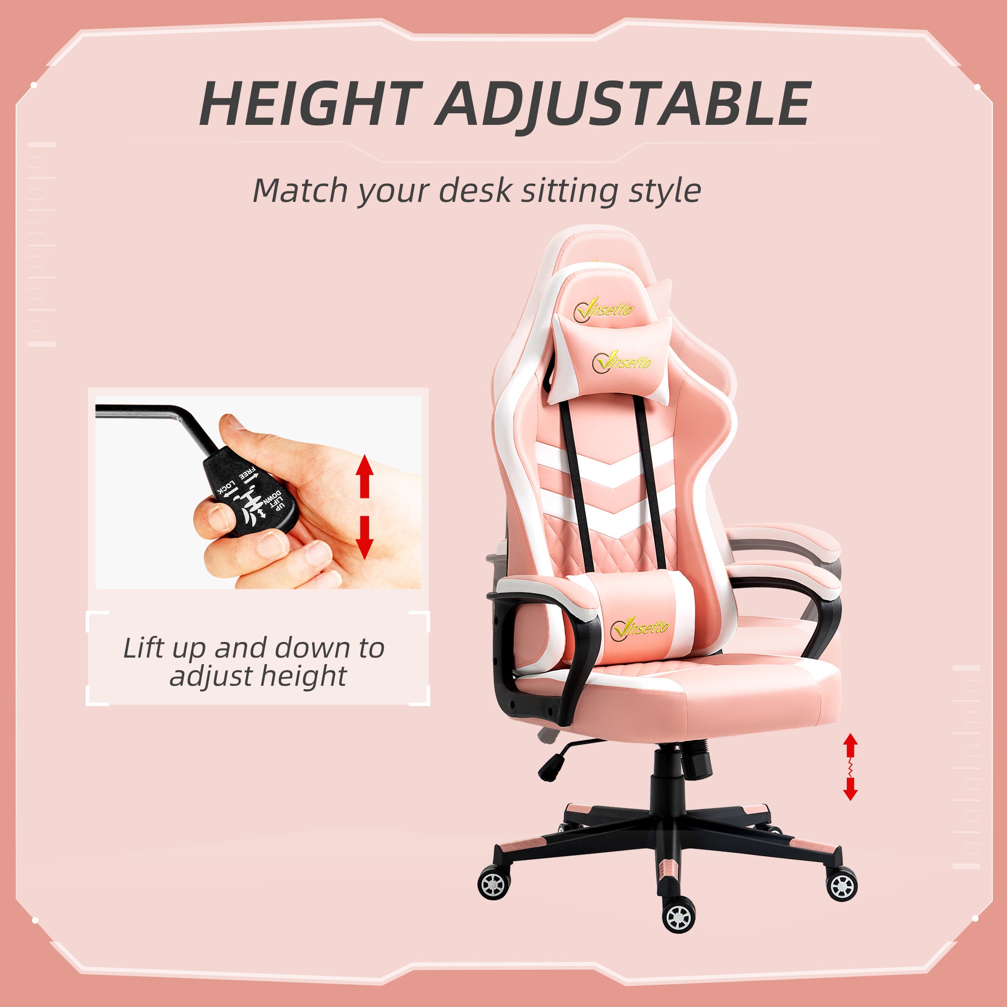 Vinsetto Gaming Chair, Computer Desk Chair with Lumbar Support, Faux Leather Racing Chair with Headrest and Swivel Wheels for Home Office, Pink - North Peak Garden Furniture