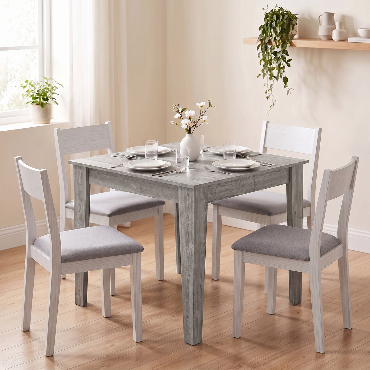 HOMCOM Dining Table for 4, 80L x 80W x 75Hcm, Modern Square Kitchen Table with Wood Effect Tabletop, Grey Wood Effect