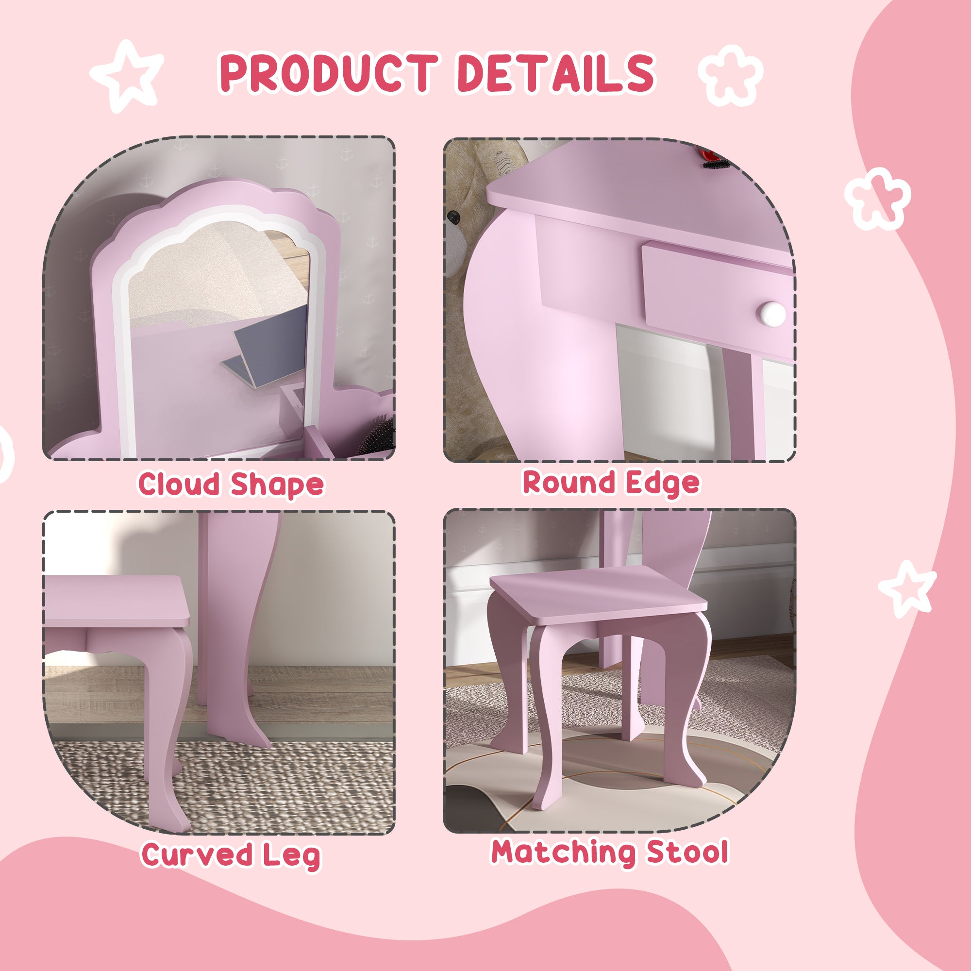 ZONEKIZ Kids Vanity Table with Mirror, Stool, Drawer, Storage Boxes, Cloud Design, for Ages 3-6 Years - Pink - North Peak Garden Furniture