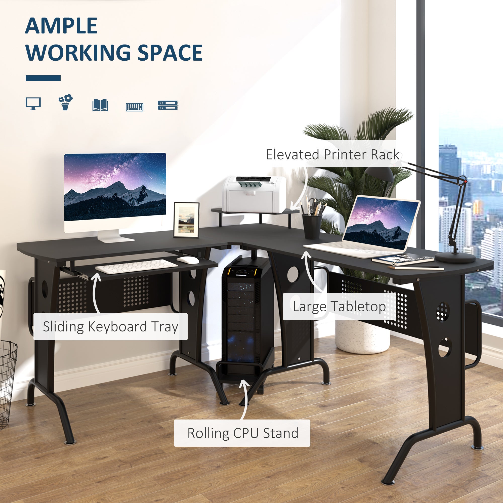 HOMCOM L-Shaped Corner Desk, Gaming Desk with CPU Rack, Keyboard Tray, Space-Saving Computer Desk with Steel Frame for Home Office,165 x 145 x 86.5cm, Black - North Peak Garden Furniture