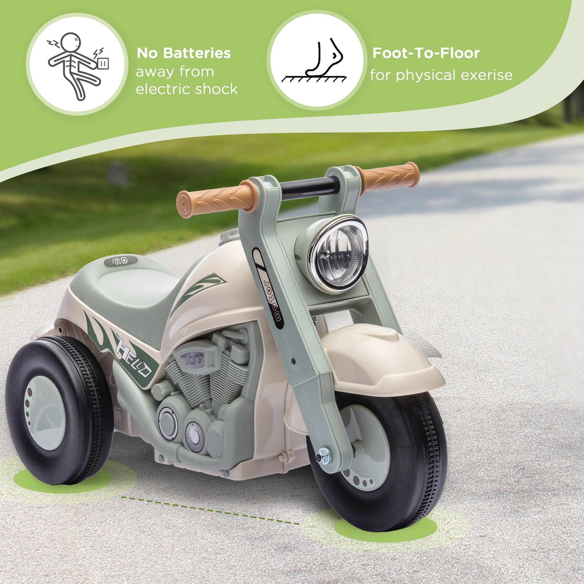 AIYAPLAY Foot To Floor Sliding Kids Ride On Car with Music, Bubble, for Toddler from 2 to 5 Years Old - Cream White - North Peak Garden Furniture