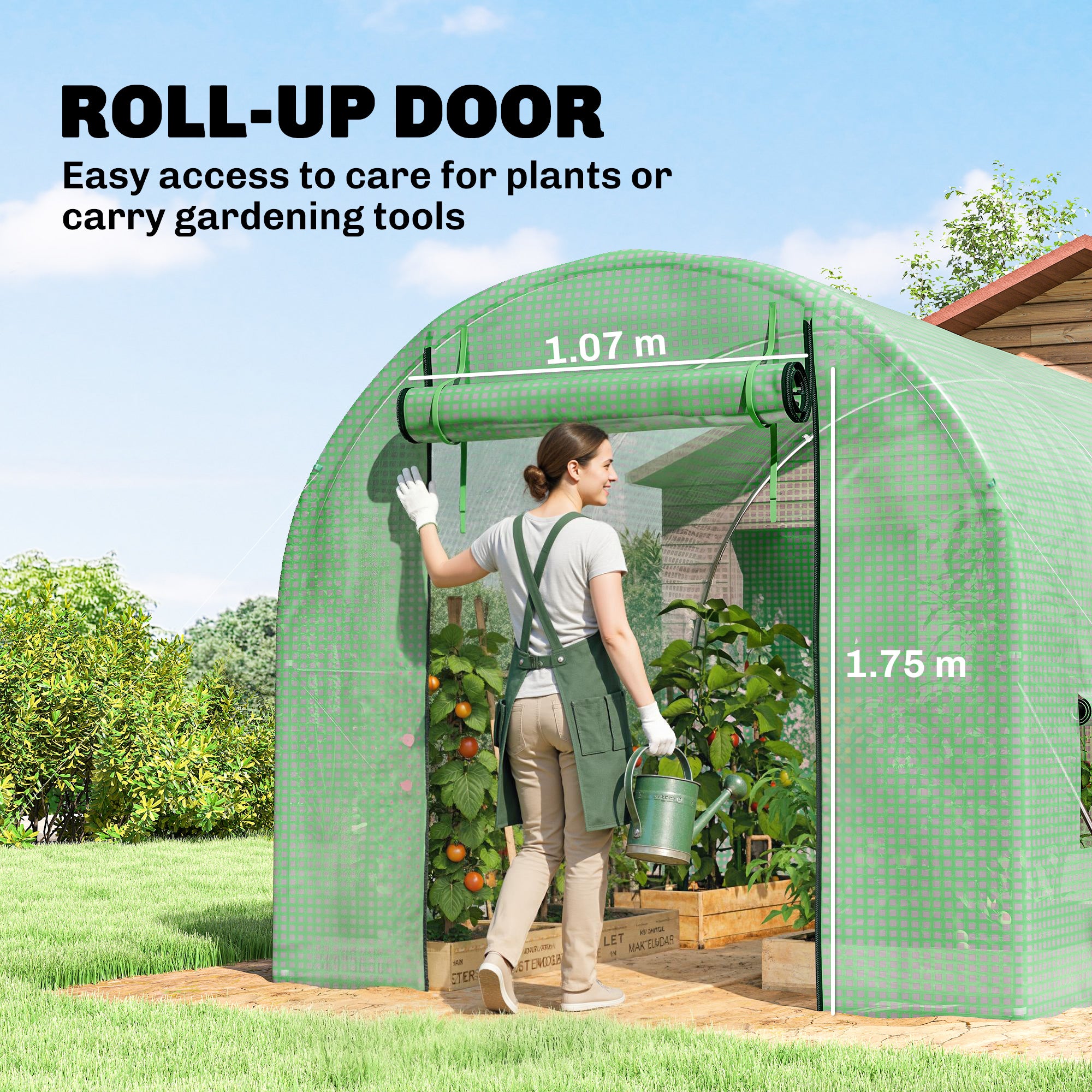 Outsunny Walk-In Garden Polytunnel Greenhouse with Steel Frame, PE Cover, Roll-Up Door and 4 Windows, 2.5 x 2m, Green