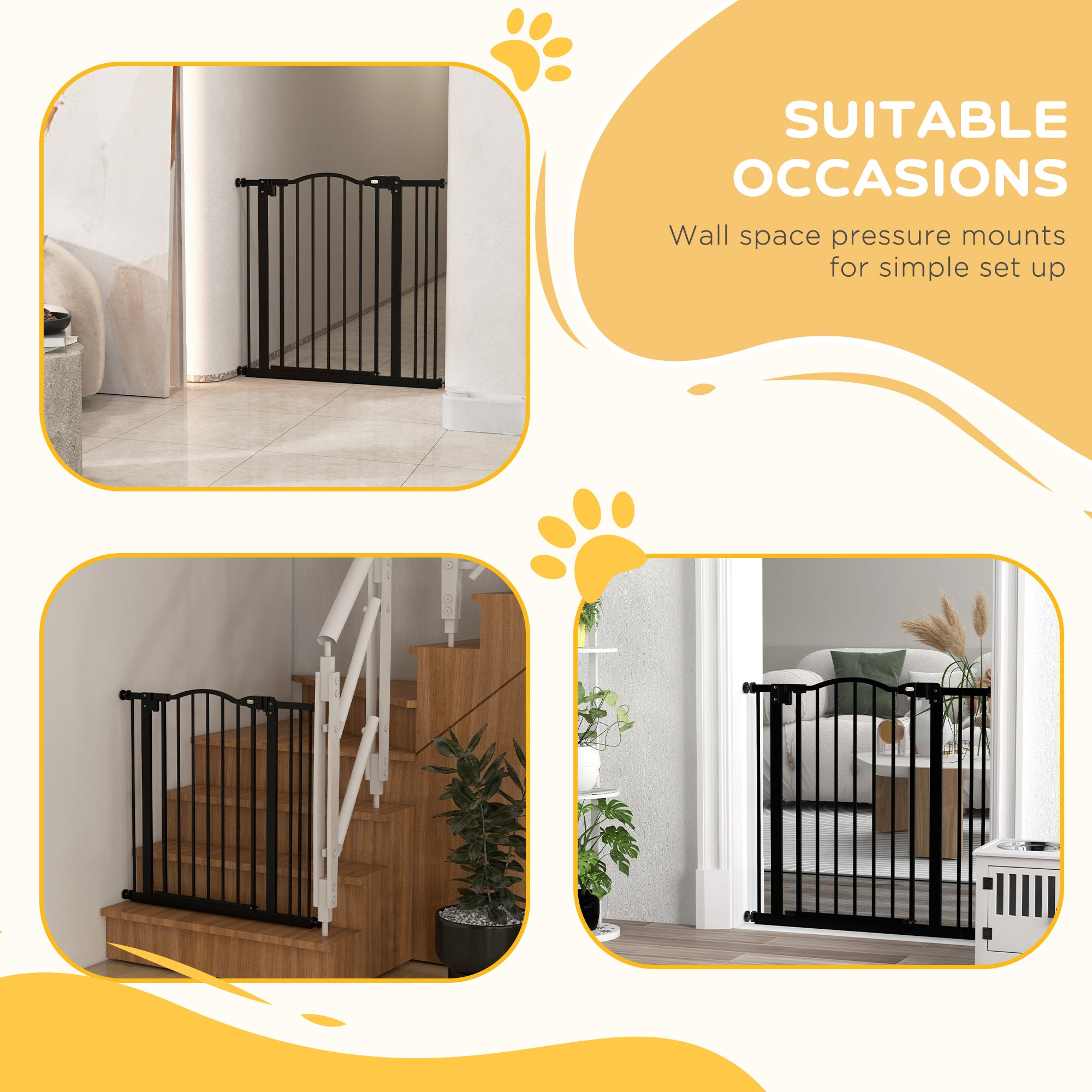 PawHut Metal 74-87cm Adjustable Pet Gate Safety Barrier w/ Auto-Close Door Black