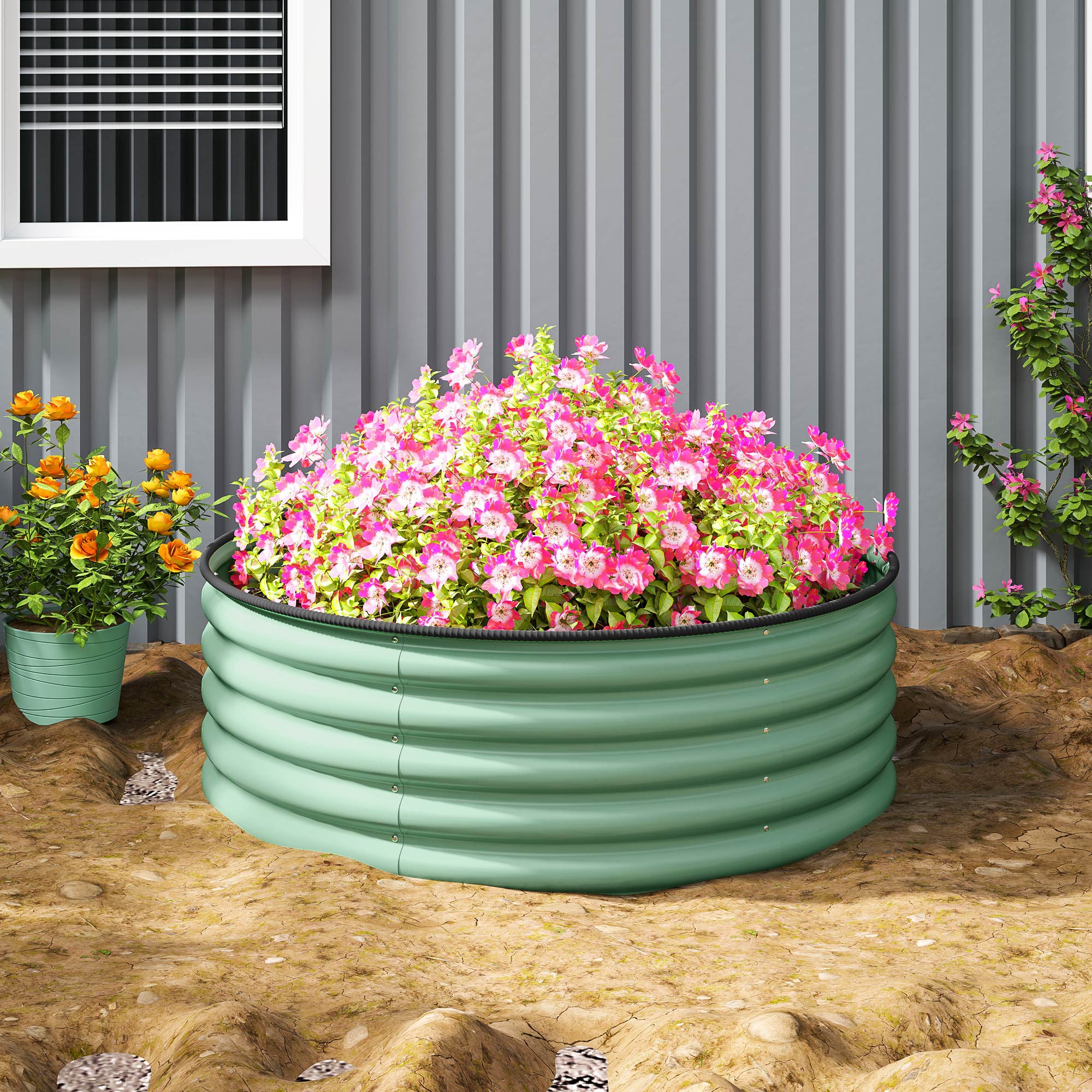 Outsunny Galvanised Raised Garden Bed with Safety Edging, Outdoor Raised Planter Box with Gloves, 120 x 120 x 43cm, Light Green - North Peak Garden Furniture