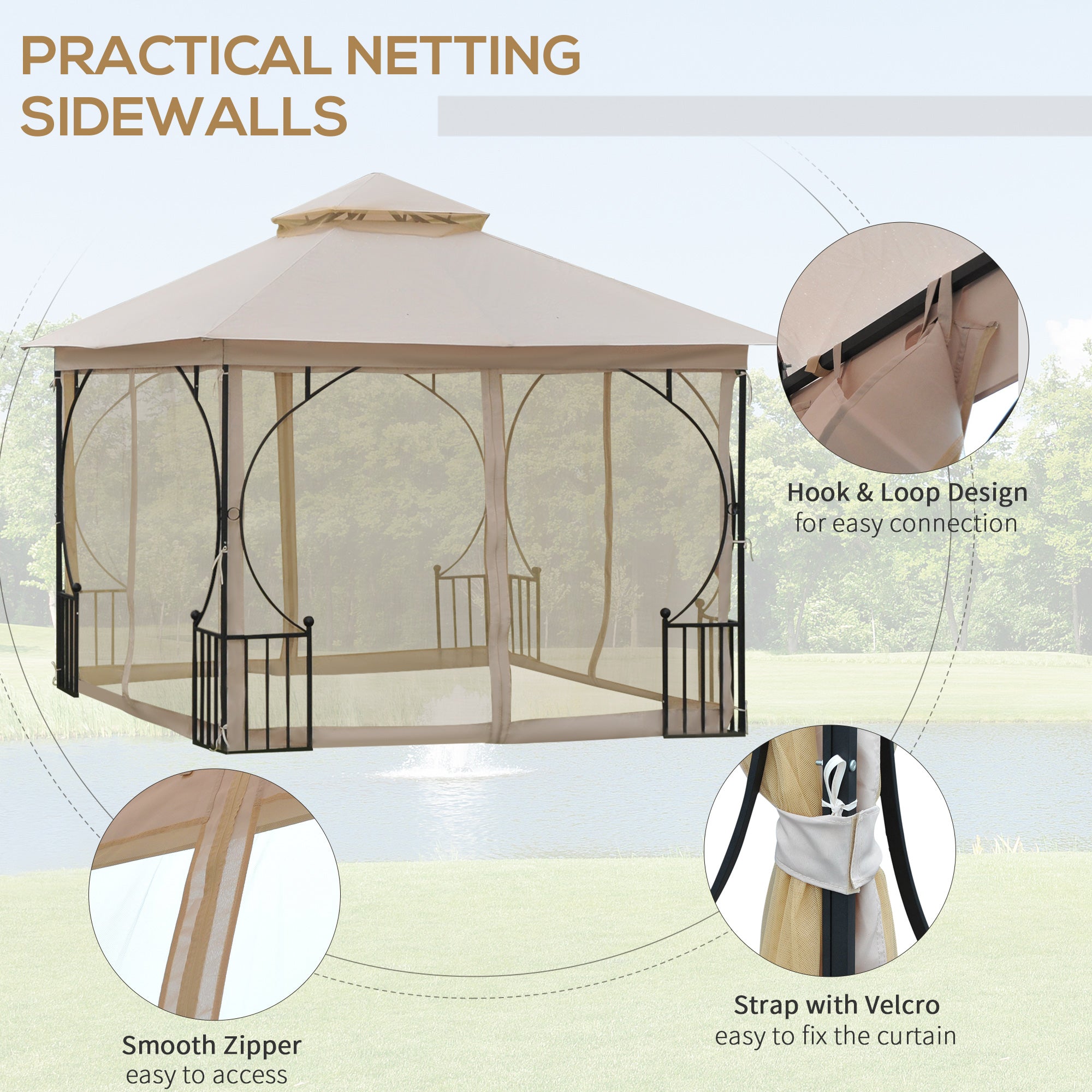 Outsunny 3 x 3(m) Garden Gazebo Patio Party Tent Shelter Outdoor Canopy Double Tier Sun Shade Metal Frame Netting Beige