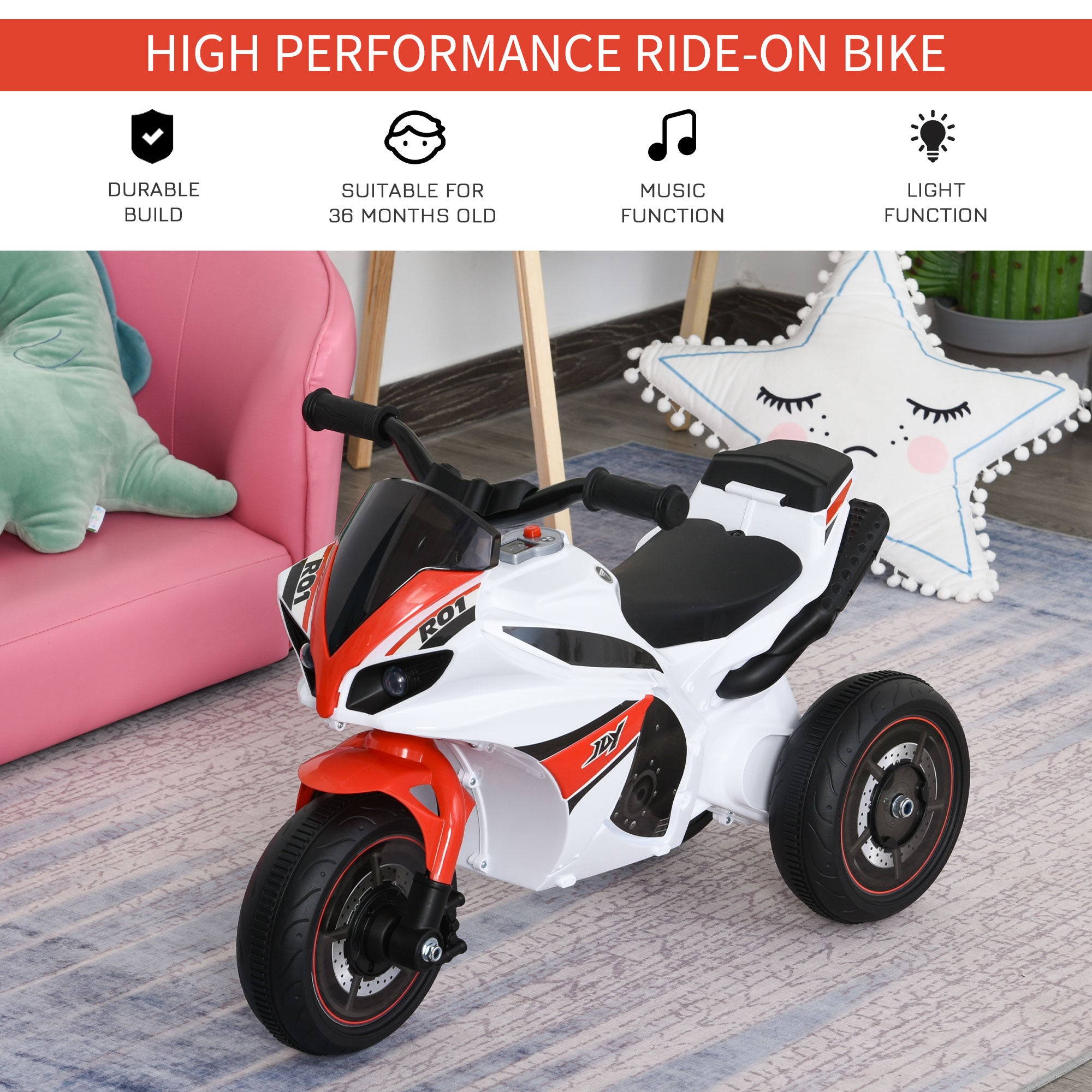 HOMCOM Kids Ride-On Police Bike 3-Wheel Vehicle w/ Music Lights Safe Seat Handlebars Toddler NO POWER Child Learning Fun Development 18-36 Months White