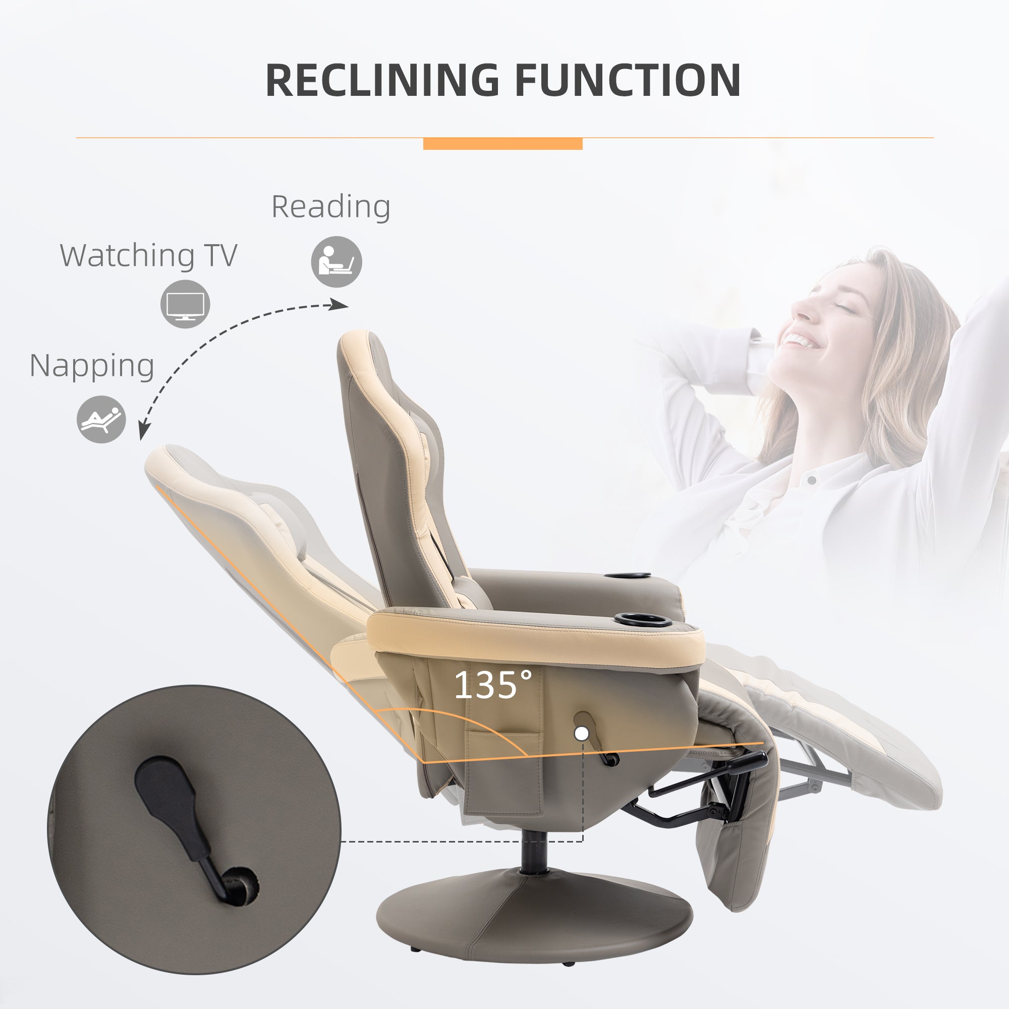 HOMCOM Manual Recliner Armchair PU Leather Lounge Chair w/ Adjustable Leg Rest, 135° Reclining Function, 360° Swivel, Grey - North Peak Garden Furniture