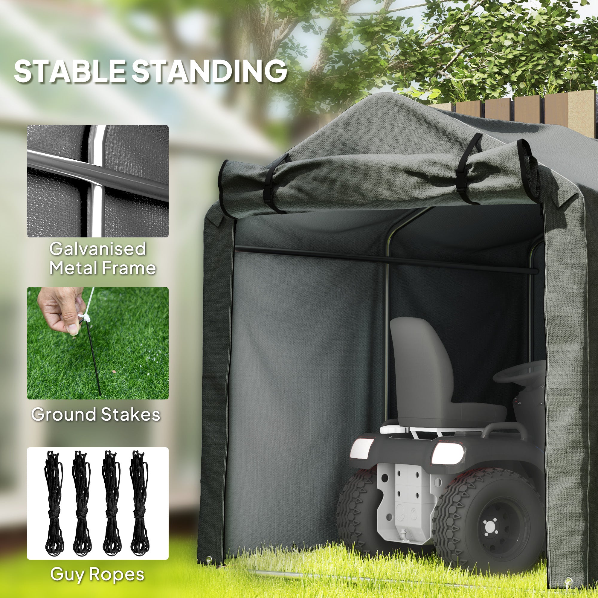 Outsunny 2.2 x 1.6 m Garden Storage Tent, Waterproof Anti-UV Bike Tent with Roll-up Zipper Door, Galvanised Outdoor Storage Shelter Carport for Bike, Motorbike, Garden Tools, Dark Grey - North Peak Garden Furniture