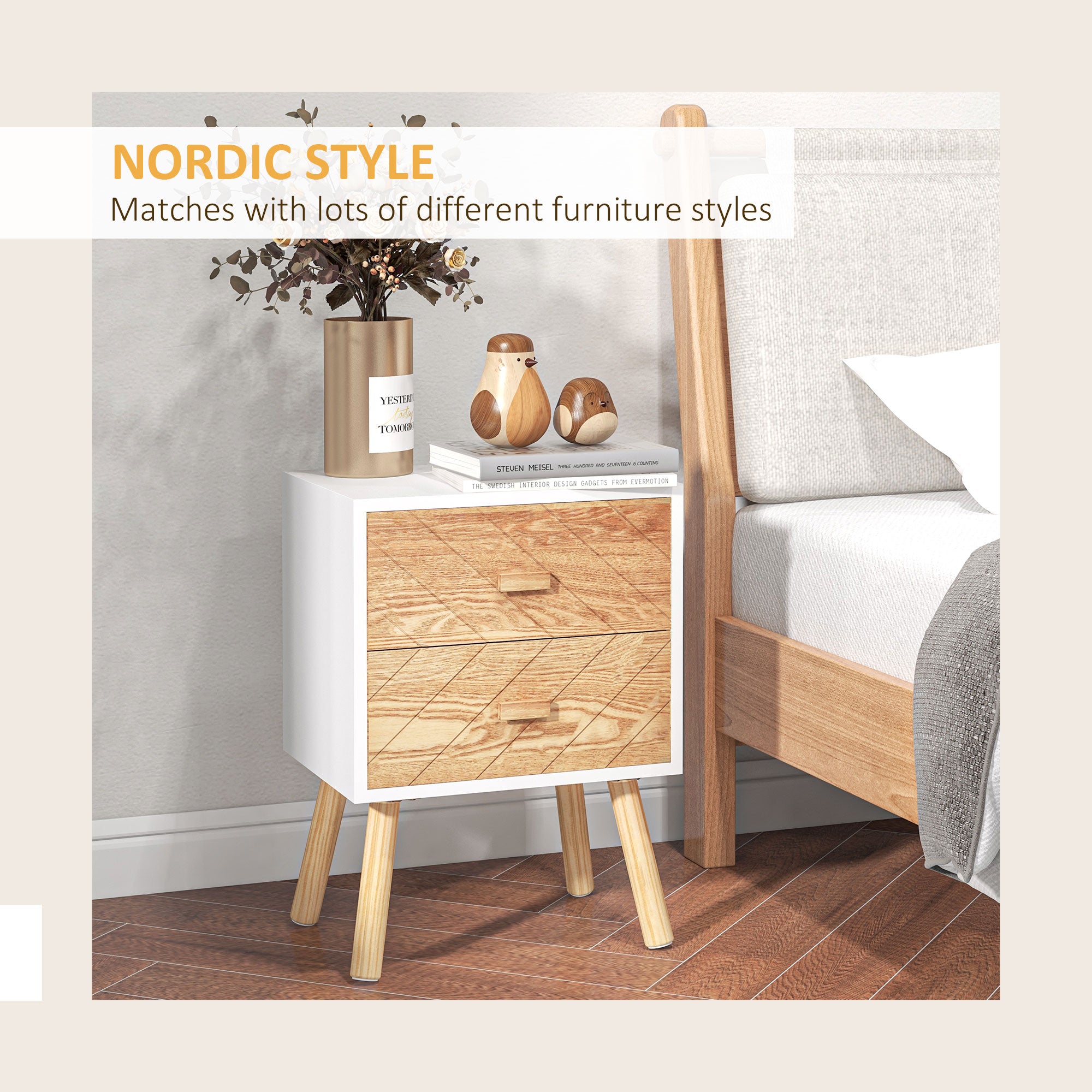 HOMCOM 2 Drawers Bedside Table with Pine Legs, Bedroom Wooden Storage Cabinet, Set of 2, Natural - North Peak Garden Furniture