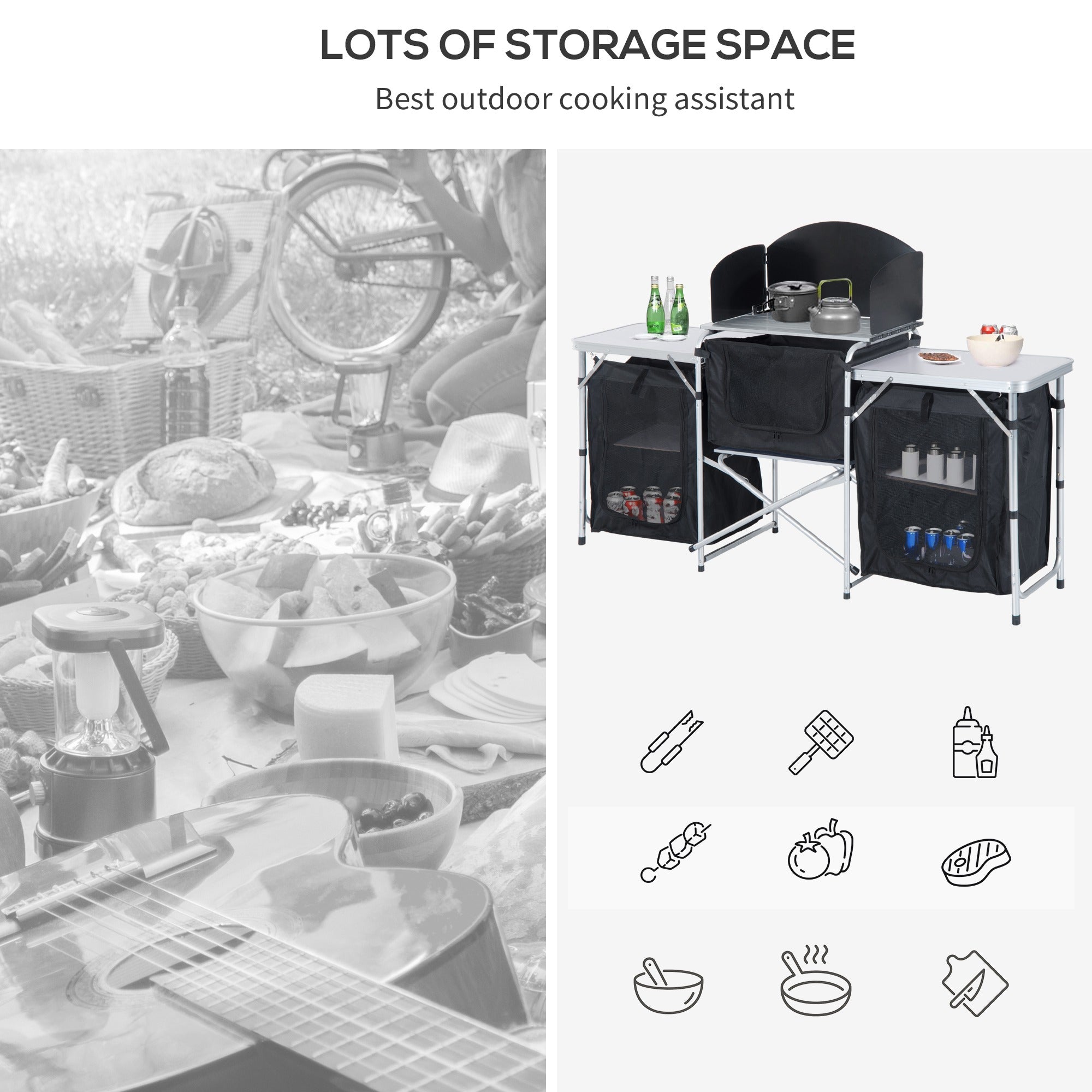 Outsunny Multi-Storage Portable Camping Kitchen, with Heat-Resistant Tabletops and Bag - North Peak Garden Furniture