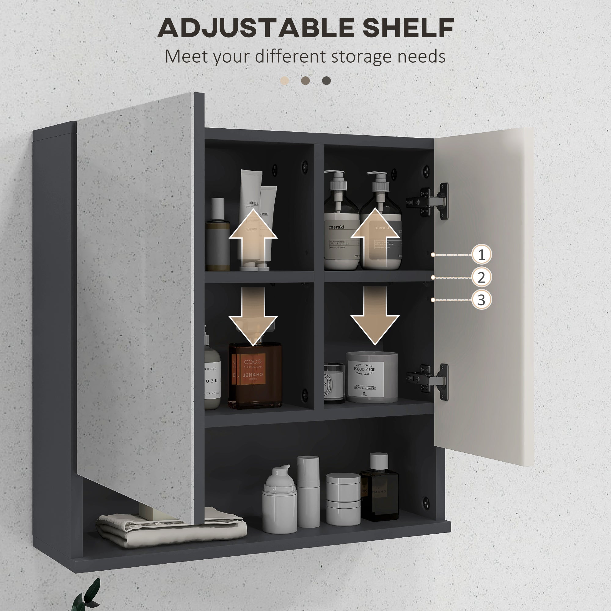 kleankin Bathroom Mirror Cabinet, Wall Mounted Bathroom Storage Cupboard with Adjustable Shelves, 55W x 17D x 55Hcm, Light Grey - North Peak Garden Furniture