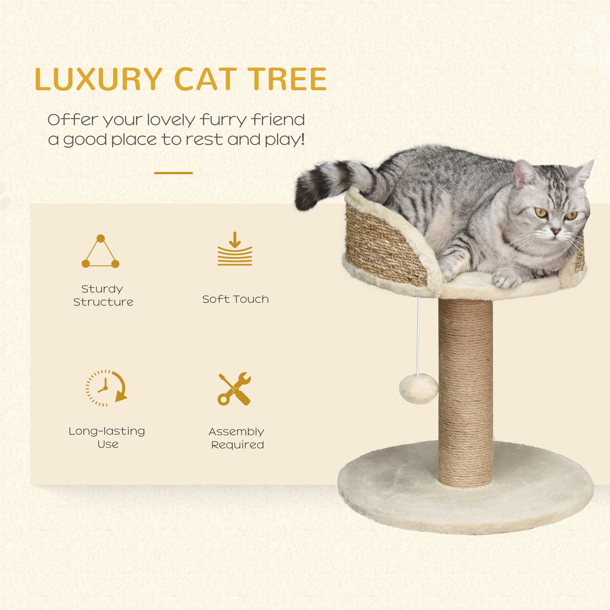 PawHut Cat Tree Tower Basics with Bed, Scratching Post, Activity Centre, Kitten House, Dangling Ball Perch, Beige